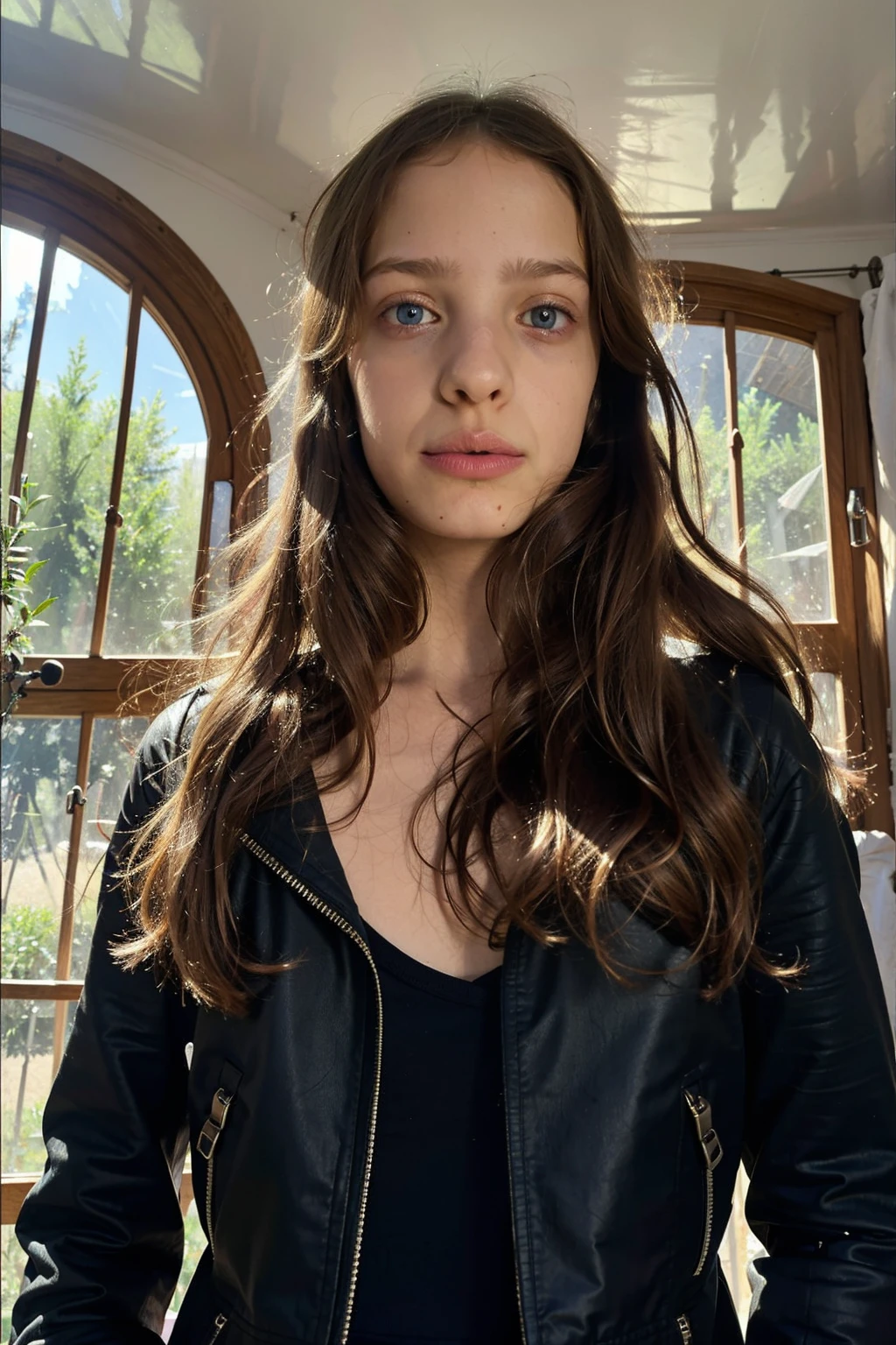 A stunning, intricate full color portrait in Ultra-HD, a girl, brown hair, blue eyes, detailed face, dressed in a black leather jacket, in a room with a sunlit window, epic character composition , alessio albi. nina masic, sharp focus, natural lighting, subsurface dispersion, f2, 35mm,