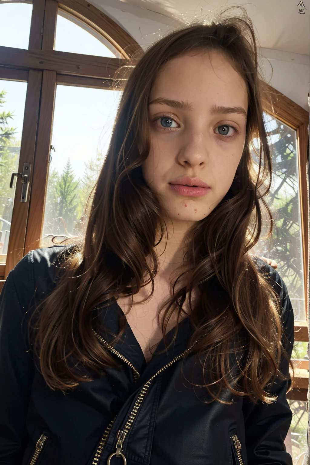 A stunning, intricate full color portrait in Ultra-HD, a 13 year old girl, brown hair, blue eyes, detailed face, dressed in a black leather jacket, in a room with a sunlit window, epic character composition , alessio albi. nina masic, sharp focus, natural lighting, subsurface dispersion, f2, 35mm,