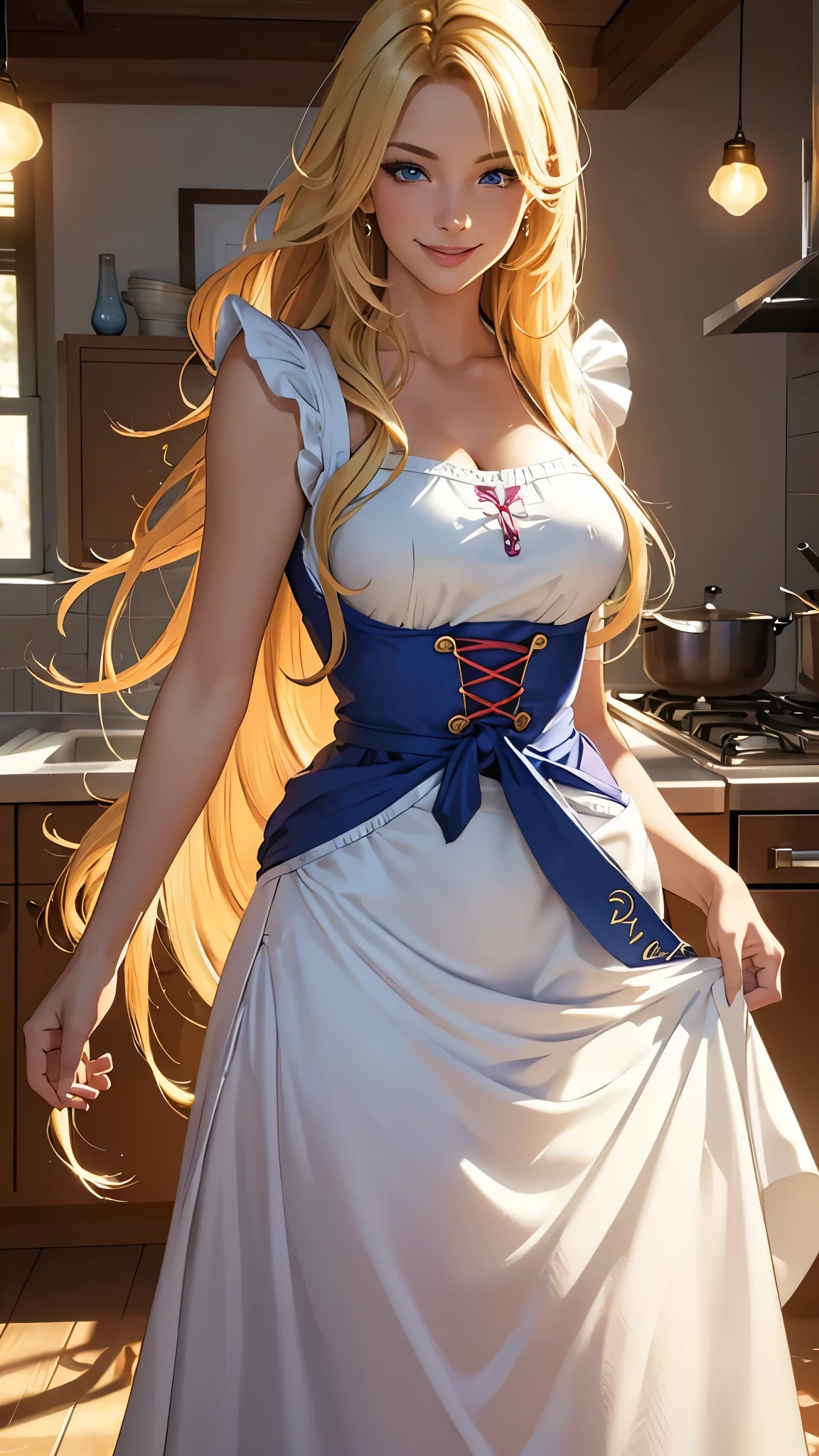 (best quality,ultra-detailed,photo-realistic:1.37),bright and vibrant colors,studio lighting,playful expression,stylish makeup,long blonde hair flowing in the wind,alluring eyes,glossy lips,sexy pose,Apron, kitchen, smiling in a confident and seductive way,posing for a professional photoshoot,shallow depth of field,highlighting the main subject,soft natural lighting,creating a dreamy and magical atmosphere.