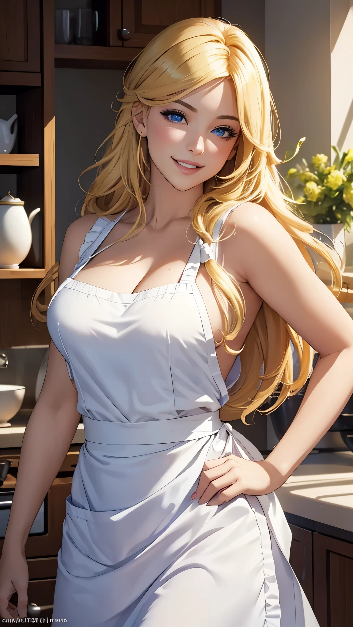 (best quality,ultra-detailed,photo-realistic:1.37),bright and vibrant colors,studio lighting,playful expression,stylish makeup,long blonde hair flowing in the wind,alluring eyes,glossy lips,sexy pose,Apron, kitchen, smiling in a confident and seductive way,posing for a professional photoshoot,shallow depth of field,highlighting the main subject,soft natural lighting,creating a dreamy and magical atmosphere.