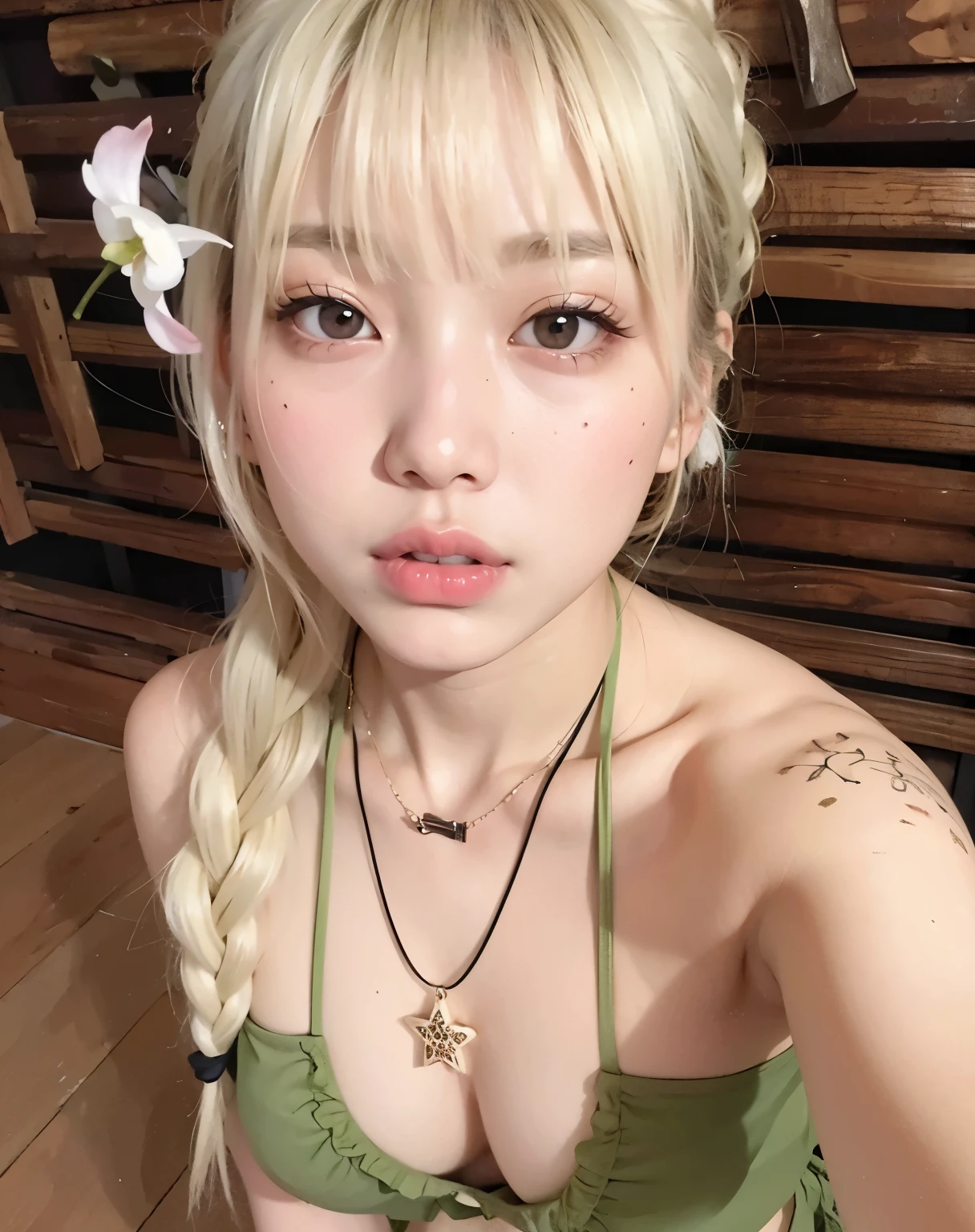 un primer plano de una mujer con cabello largo y rubio que llevaba un bikini verde, ulzzang, Shikamimi, her face looks like an orchid, Jennie, Chica coreana, Wan adorable cara coreana, Jaeyeon Nam, Jinyoung Shin, Heonhwa Choe, Sakimichan, Jennie Kim de Blackpink, pale porcelain white skin