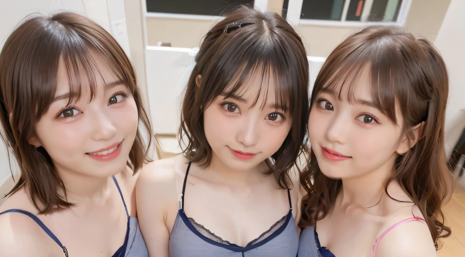 masterpiece, better quality, High resolution, ((photorealistic:1.4, Live shooting, 超High resolution,Highest image quality: 1.4)), ((Do not split)),((whole body:1.8)), beautiful detailed eyes, natural color lip, ((A big smile:1.5)), ((Random and cute curly hair)), ((大から中までのランダムなchestのサイズ:1.3)), ((underwear:1.6)),((Camisole-wearing:1.6)),((Random Lightwear:1.2)),((chest、arm under glasses:0.9)), ((peek from below)), ((sports warehouse)), ((Random and cute expressions)),, ((3 girls、Three people standing side by side:1.5)) Highly detailed and professional lighting、 ((Random and cute expressions:1.5))、 ((Waki Display:1.5))、 ((I'm showing off my waki:1.5))、 ((I can see my thighs:1.5))