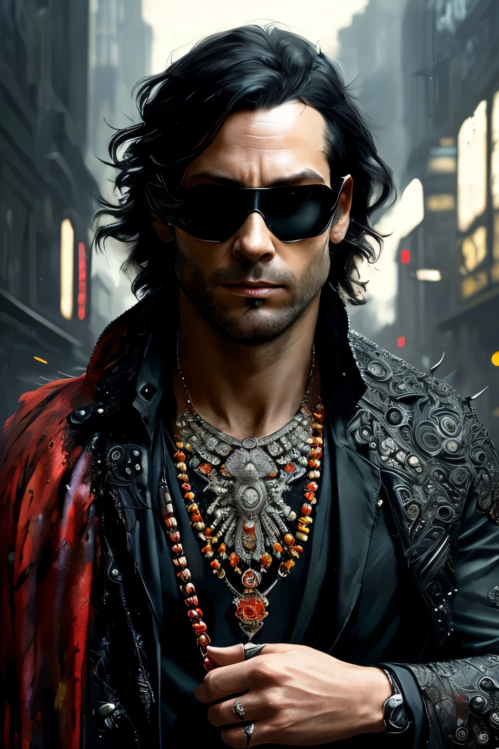 businessman in futuristic black suit, (necklace with ruby:1), (insanely detailed:1.5), ((solo)), (highest quality, Alessandro Casagrande, Greg Rutkowski, Sally Mann, concept art, 4k), (colourful), (high sharpness), ((painting:1.1)), (digital painting:1.1), Masterpiece, best quality, highly detailed photo:1, 8k, detailed face,photorealistic, (black long Hair:1.1), (young woman), By jeremy mann, by sandra chevrier, by maciej kuciara, smoke and shadow, night, sharp, ((perfect body)), realistic, real shadow, 3d, ((full body)), ((dark and gloomy universe)), (by Michelangelo)