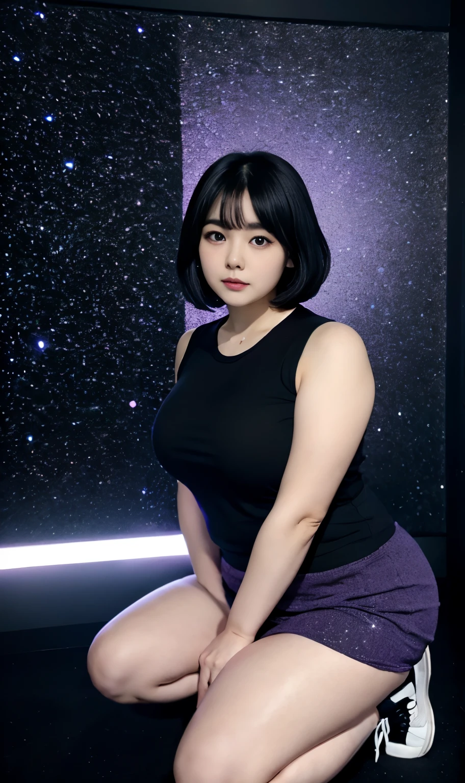 A beautiful beauty, wavy black hair, big eyes, round face, dress, tight purple skirt, sneakers , slightly fat, plump and sexy, delicate facial features, on the black room, black room, dark room, HD, high quality, the best picture quality, chubby body, bob haircut, thick thighs 