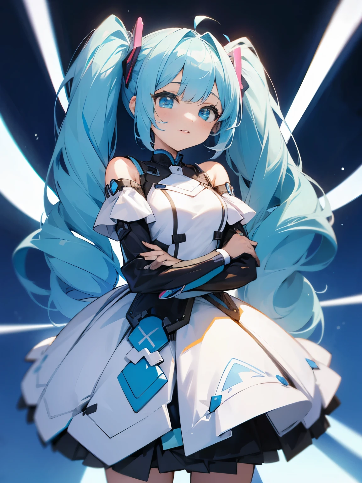 Girl being interviewed Long twintails Light blue hair Cute