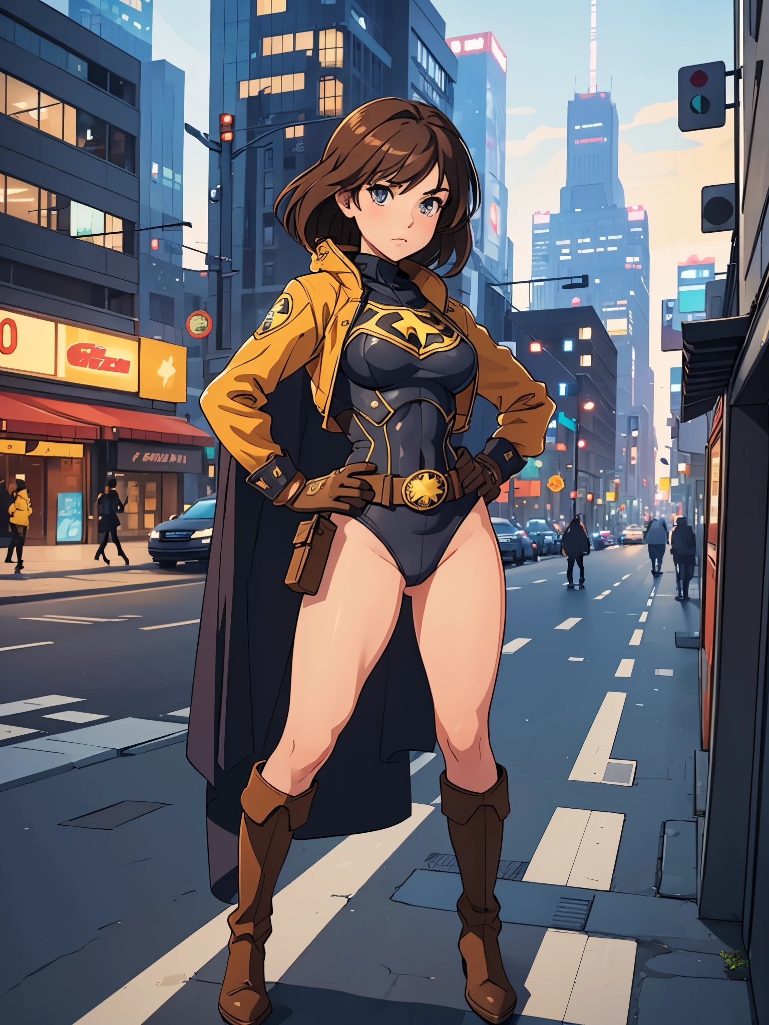 1girl, medium breasts, leotard, bare legs, tight belt, boots, matching boots, gloves, city backdrop, solo, single, hands on hip, standing, full body shot, cowboy shot, superhero, beautiful detailed eyes, mature lady, star symbol on chest, brown hair, high leg leotard