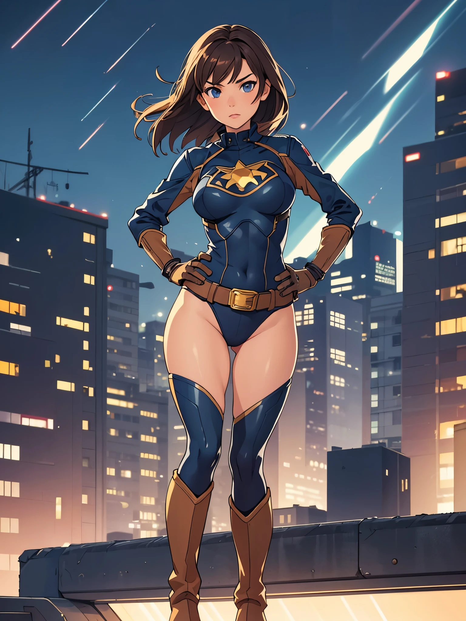 1girl, medium breasts, leotard, bare legs, tight belt, boots, matching boots, gloves, city backdrop, solo, single, hands on hip, standing, full body shot, cowboy shot, superhero, beautiful detailed eyes, mature lady, star symbol on chest, brown hair, high leg leotard