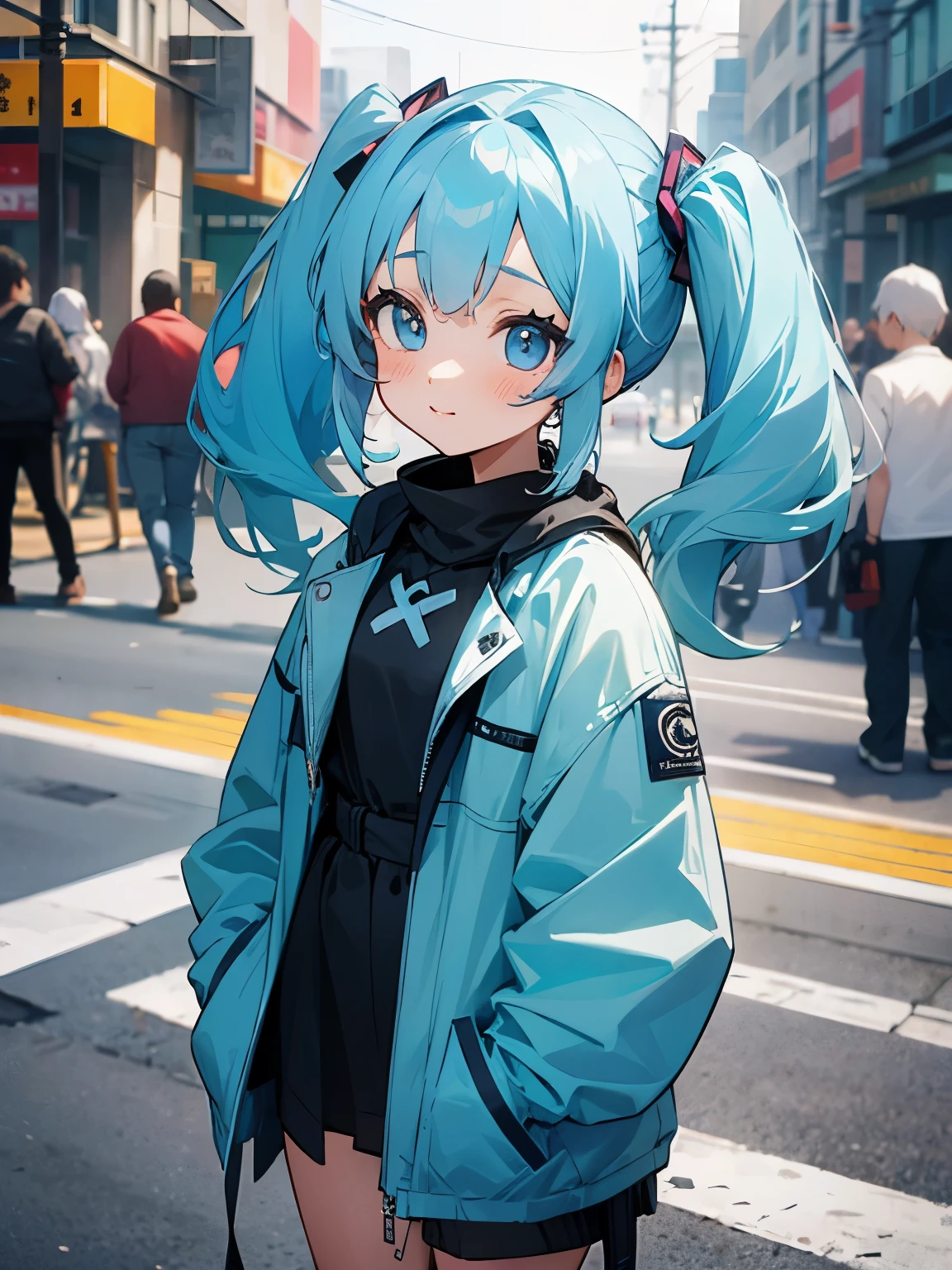 Girl being interviewed on the street, long twintails, light blue hair, cute