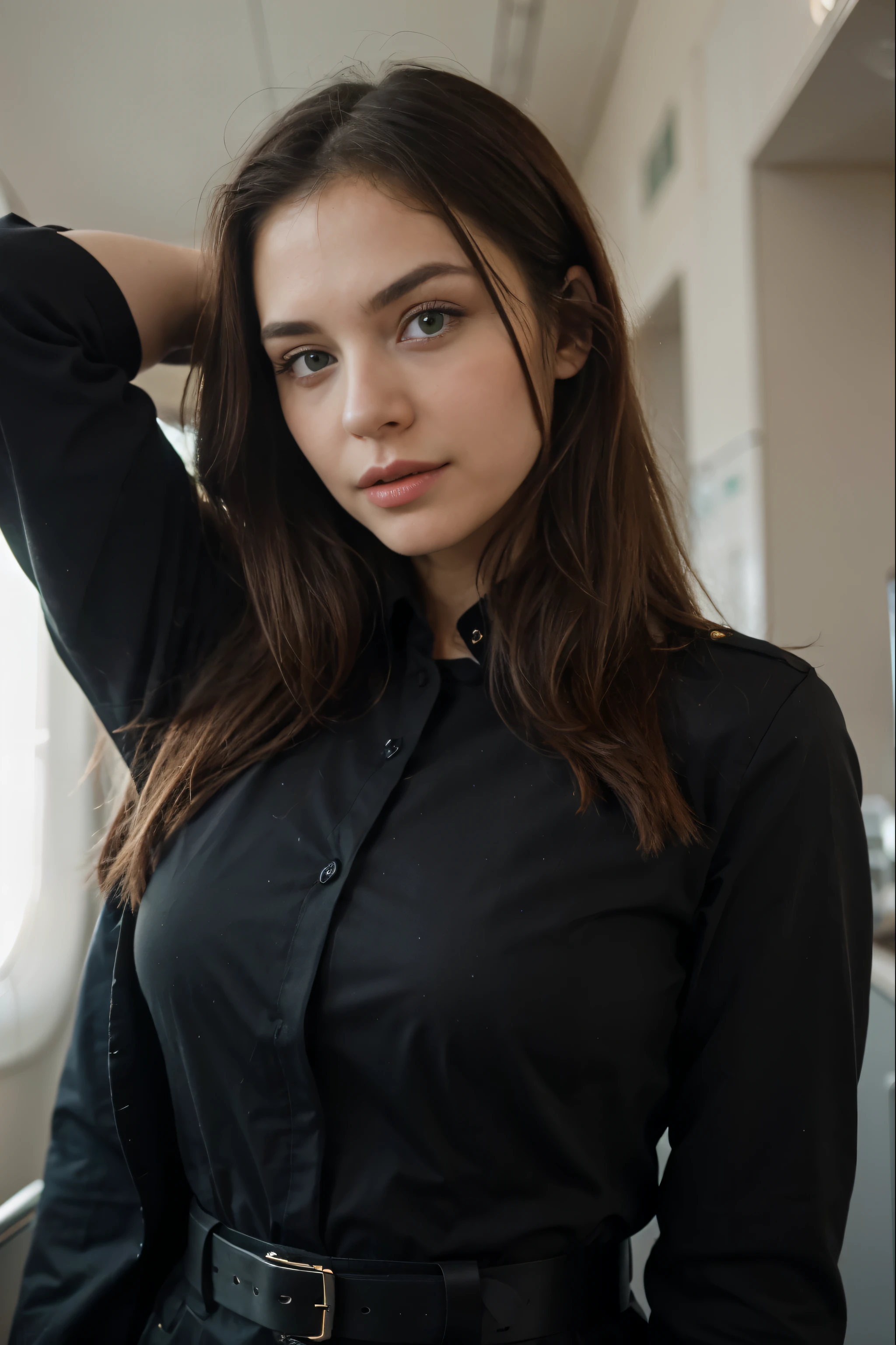 ((best quality)), ((masterpiece)), (detailed), perfect face with green eyes, bigger brests, flight attendant, long straight hair, black uniform