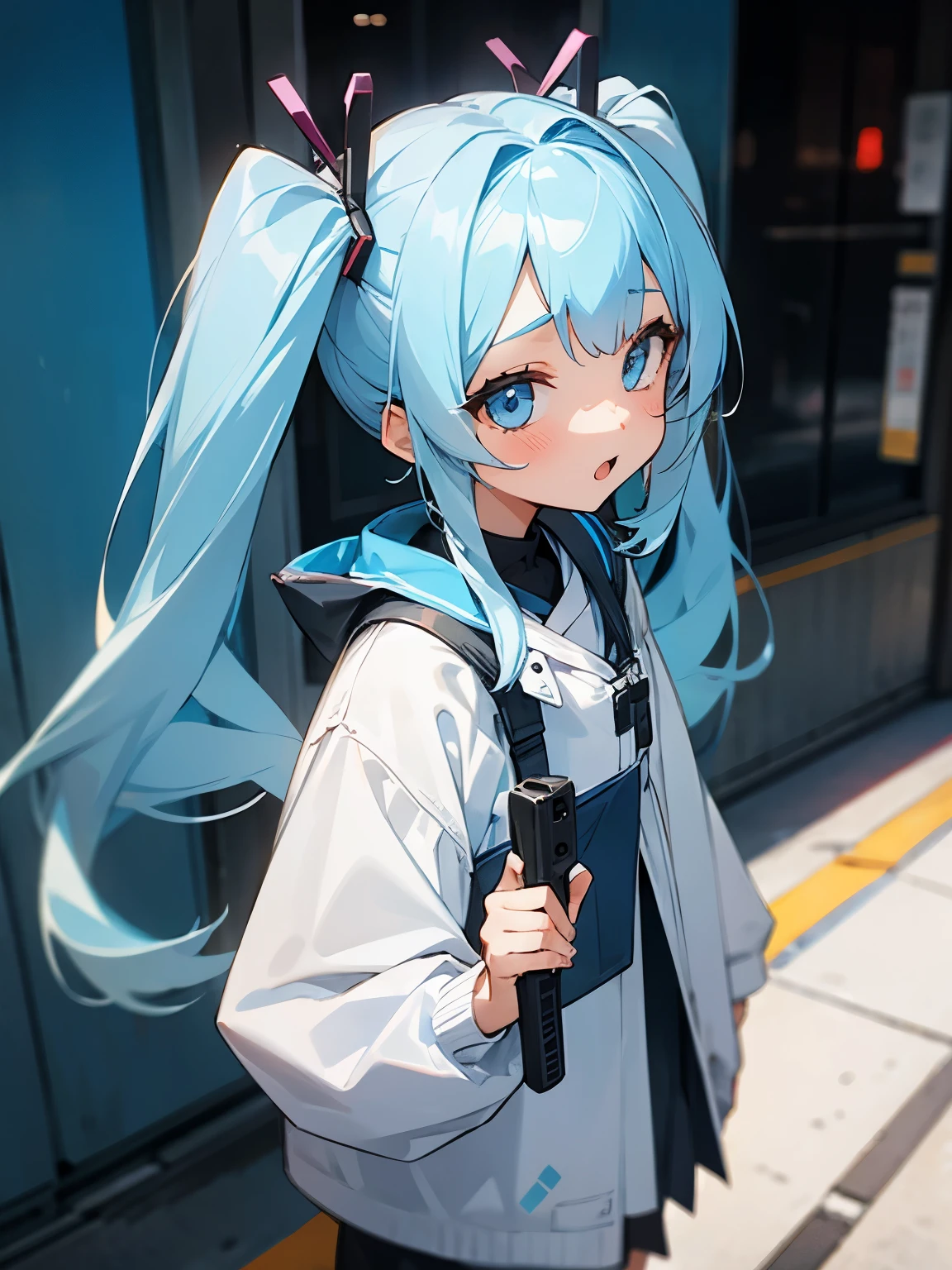 Girl being interviewed on the street, long twintails, light blue hair, cute