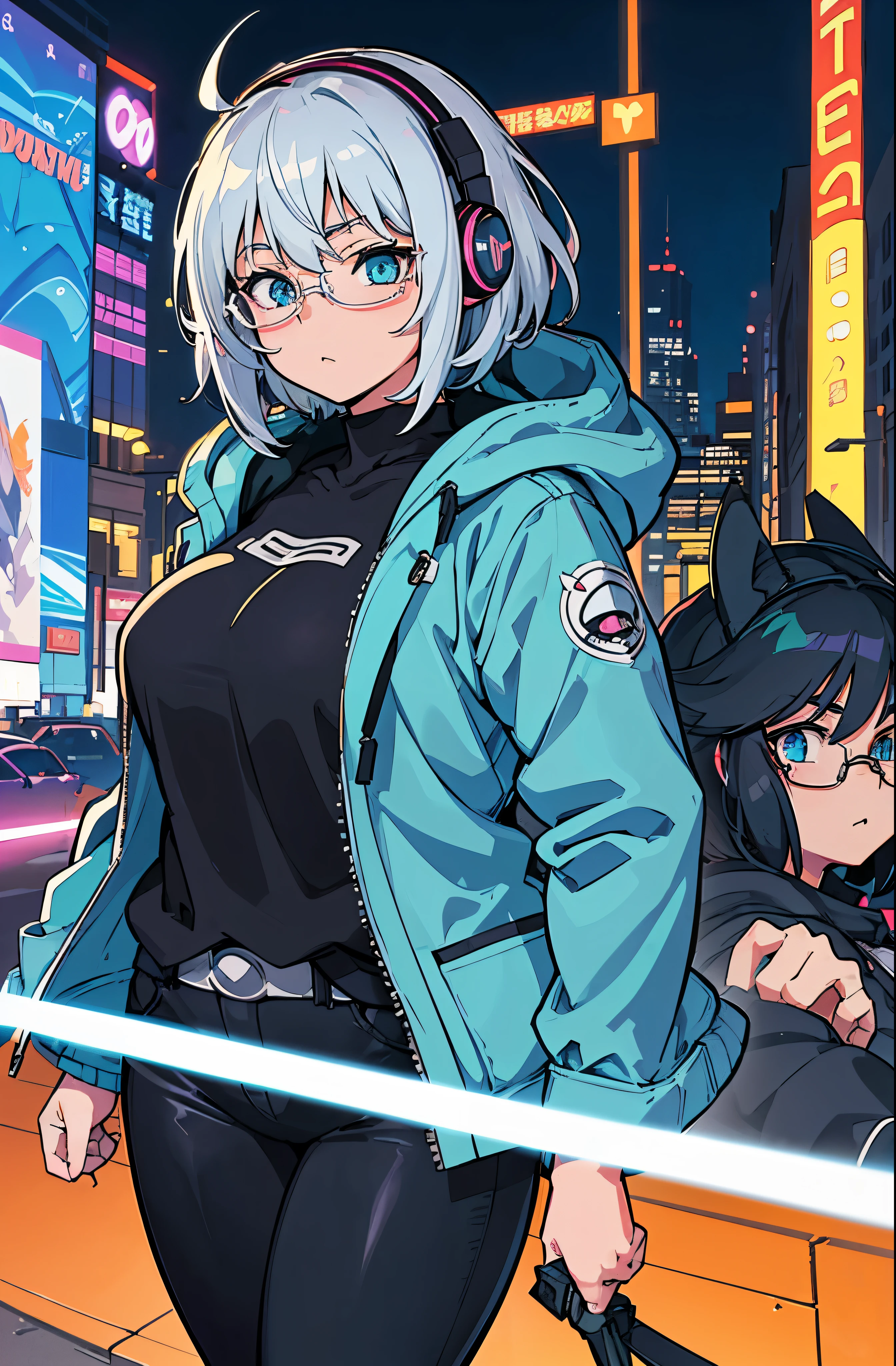 anime poster style, (masterpiece, best quality, ultra detailed, best shadow), (detailed, city background), (beautiful detailed face), high contrast, (best lighting, extremely delicate and beautiful), ((cinematic light))headphones cat icon, glasses, with heterochromia, blue eyes and orange eyes, anime moe art style,adult teen, vector shading anime, white hair,. Anime girl, female anime character, perfect girl with blue-gray hair, short hair,cute girl, curvy hips and thick thighs,(casual clothes), open jacket with greenish blue color,black pants