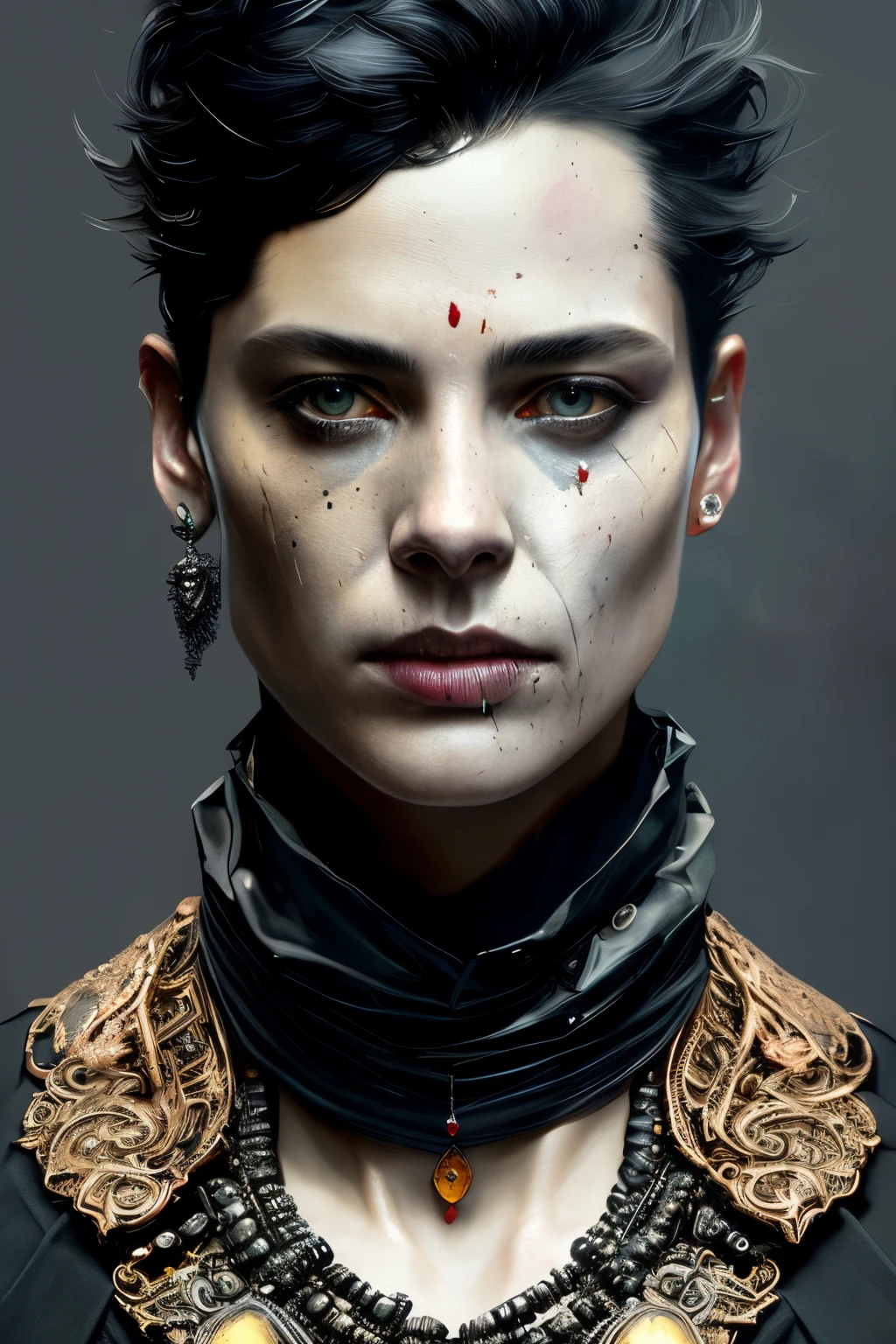 businessman in futuristic black suit, (necklace with ruby:1), (insanely detailed:1.5), ((solo)), (highest quality, Alessandro Casagrande, Greg Rutkowski, Sally Mann, concept art, 4k), (colourful), (high sharpness), ((painting:1.1)), (digital painting:1.1), Masterpiece, best quality, highly detailed photo:1, 8k, detailed face,photorealistic, (black Hair:1.1), (young man), By jeremy mann, by sandra chevrier, by maciej kuciara, smoke and shadow, night, sharp, ((perfect body)), realistic, real shadow, 3d, ((full body)), ((dark and gloomy universe)), (by Michelangelo) , no glasses