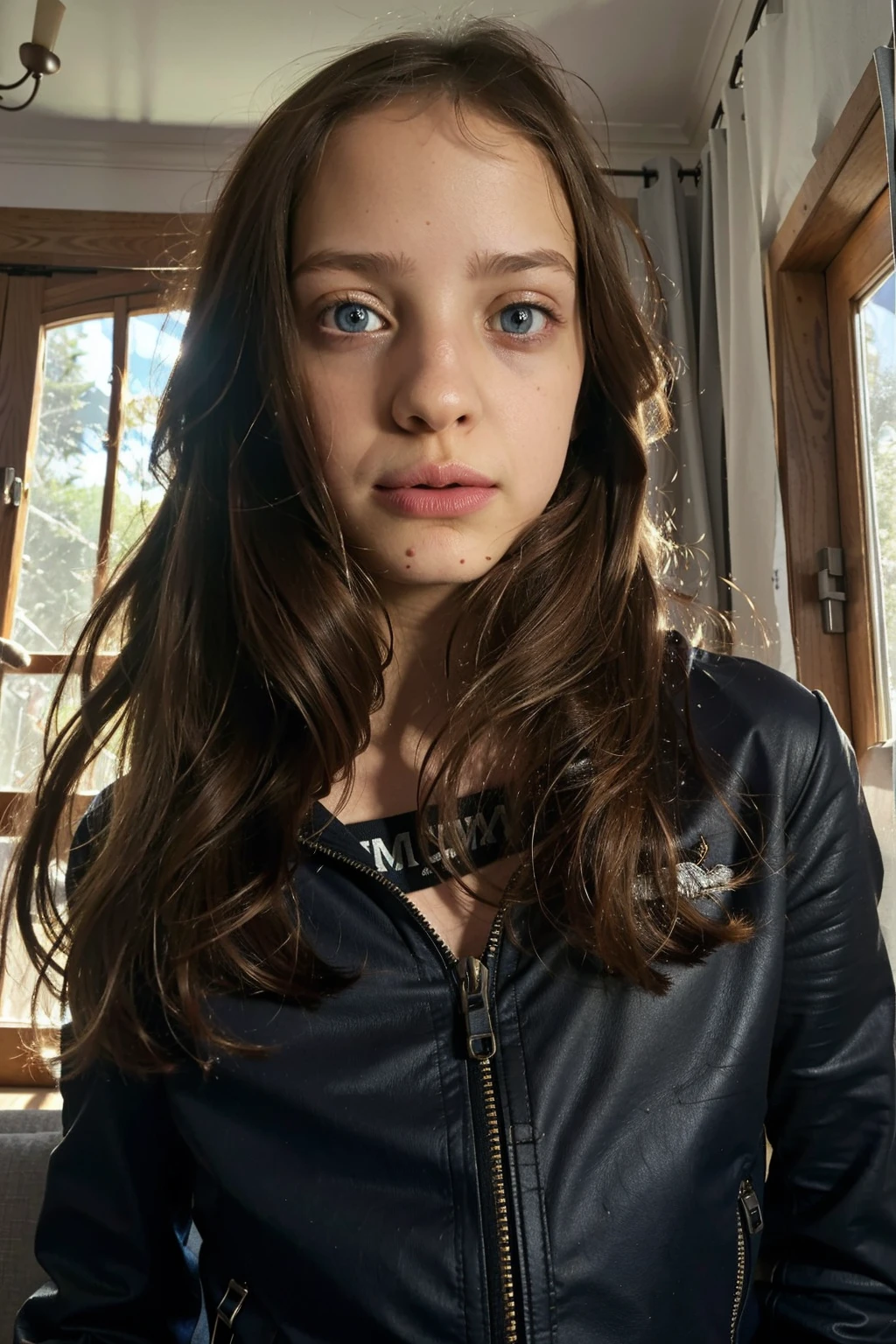 A stunning, intricate full color portrait in Ultra-HD, a 13 year old girl, brown hair, blue eyes, detailed face, dressed in a black leather jacket, in a room with a sunlit window, epic character composition , alessio albi. nina masic, sharp focus, natural lighting, subsurface dispersion, f2, 35mm,