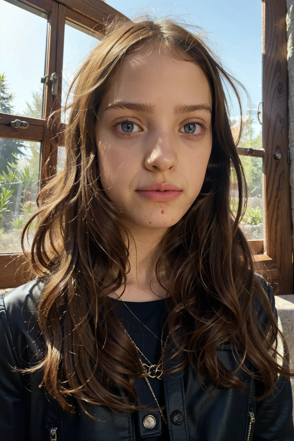 A stunning, intricate full color portrait in Ultra-HD, a 13 year old girl, brown hair, blue eyes, detailed face, dressed in a black leather jacket, in a room with a sunlit window, epic character composition , alessio albi. nina masic, sharp focus, natural lighting, subsurface dispersion, f2, 35mm,