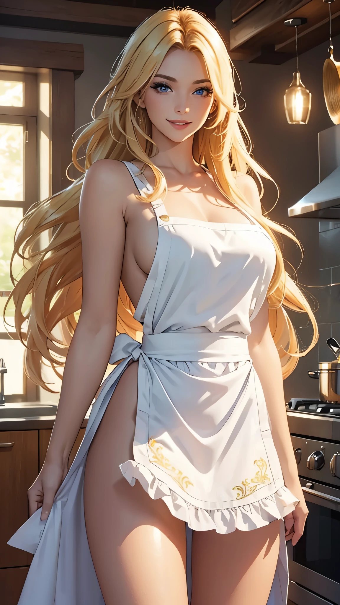 (best quality,ultra-detailed,photo-realistic:1.37),bright and vibrant colors,studio lighting,playful expression,stylish makeup,long blonde hair flowing in the wind,alluring eyes,glossy lips,sexy pose,nude Apron, kitchen, smiling in a confident and seductive way,posing for a professional photoshoot,shallow depth of field,highlighting the main subject,soft natural lighting,creating a dreamy and magical atmosphere.