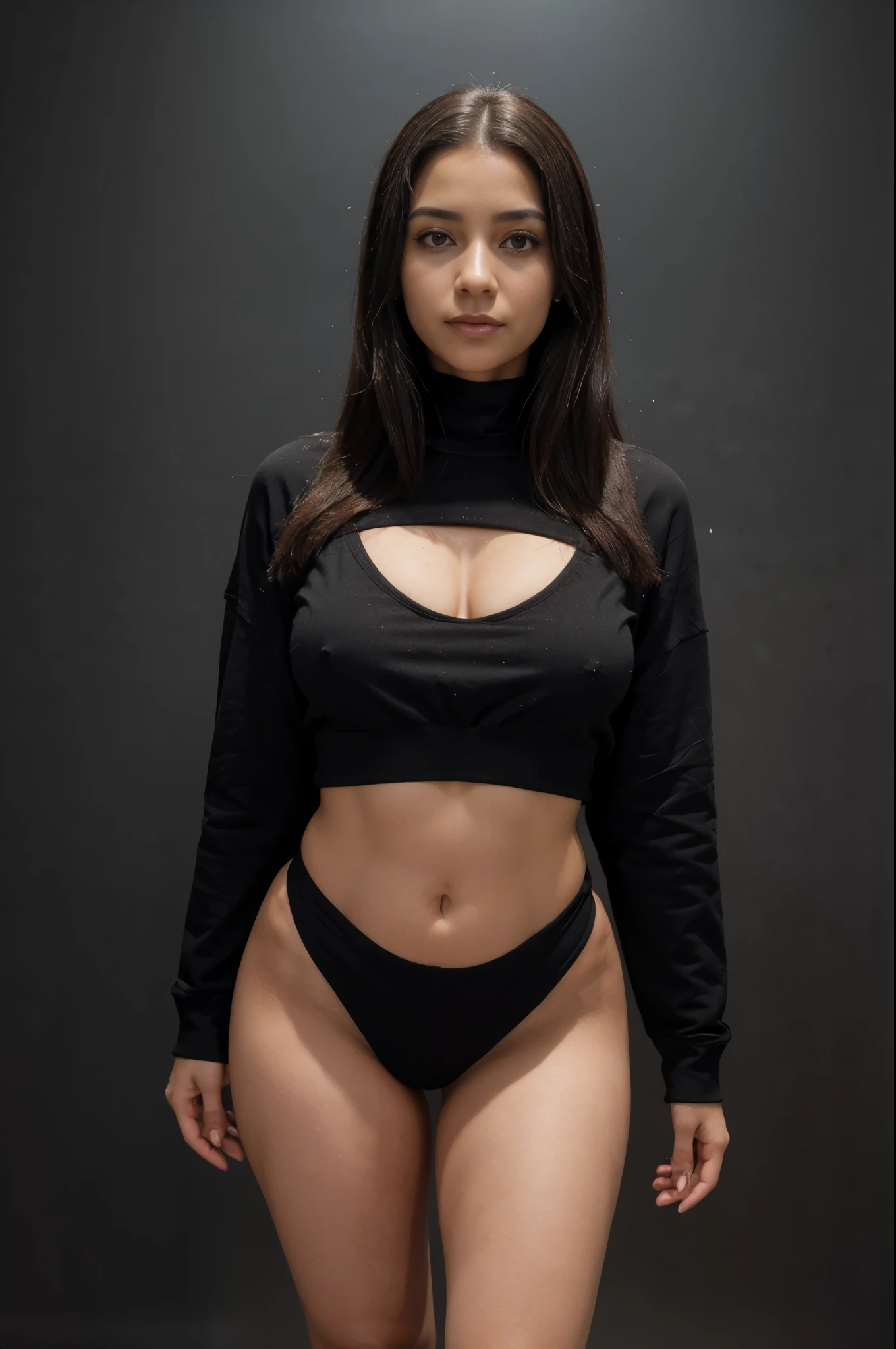 Um jovem mulher pele Negra moreno com cabelo crespo e crespo alta, very beautiful full body wearing a  and tight plain black sweatshirt shows towards the camera, rosto perfeito, olhos perfeitos, detalhes HD, detalhes altos, sharp focus, studio photo, maquiagem HD, maquiagem brilhante, maquiagem de celebridade, ( (full body view)) ,(( enormes e cheios)) ((imagem centralizada)) (HD rendering)Portrait Studio, magia, magical, fantasia, (( (imagem centralizada)
