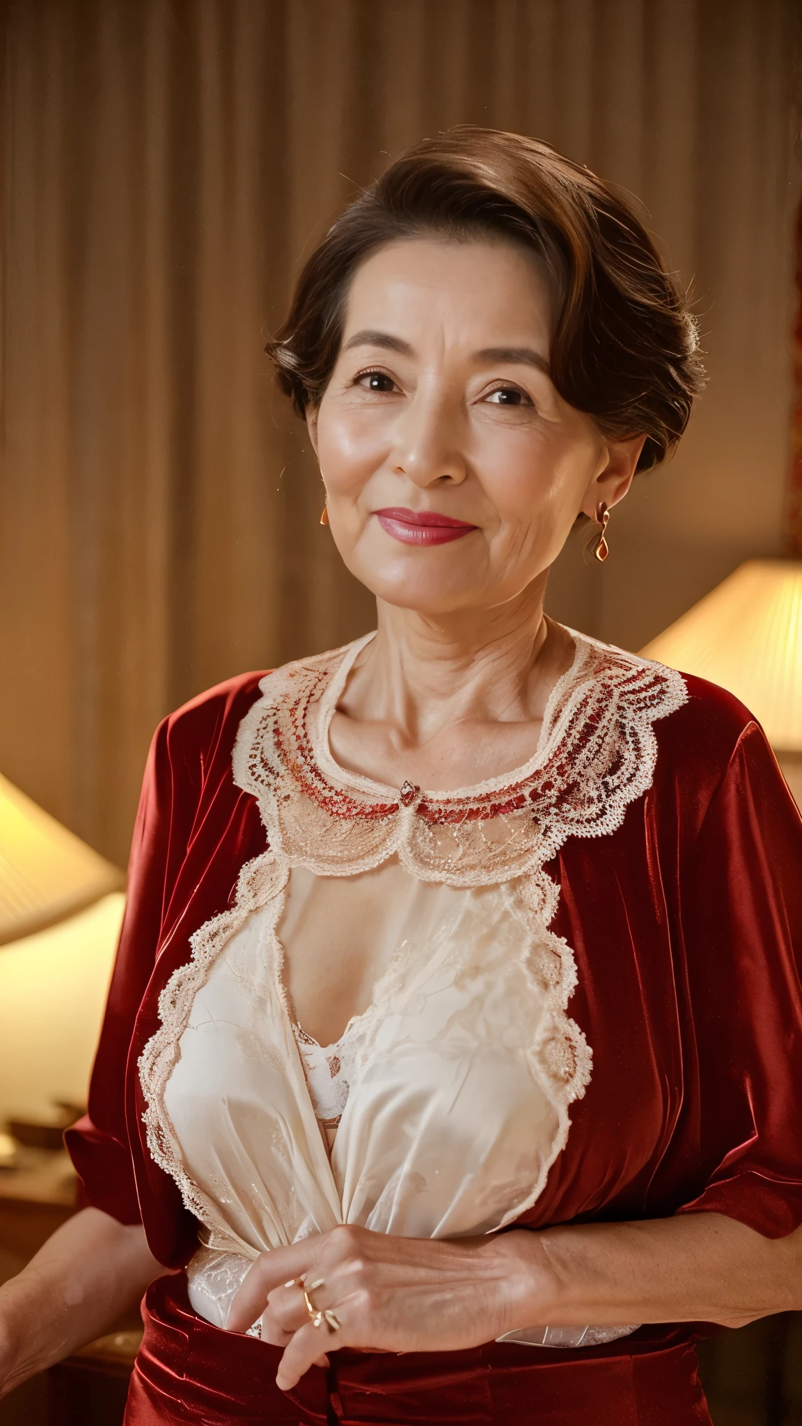 Remove the background, gravure, describe the lips correctly, red lipstick, from the chest up, In underwear, AS-Elderly,Mature Woman, Fancy face, highest quality, Super high quality, realistic, super dense skin, perfect description, (1 Japanese mature woman), (??????), 100 years old, big breasts, Bewitching, Glamour, sexy, pure white skin, looking at the viewer,