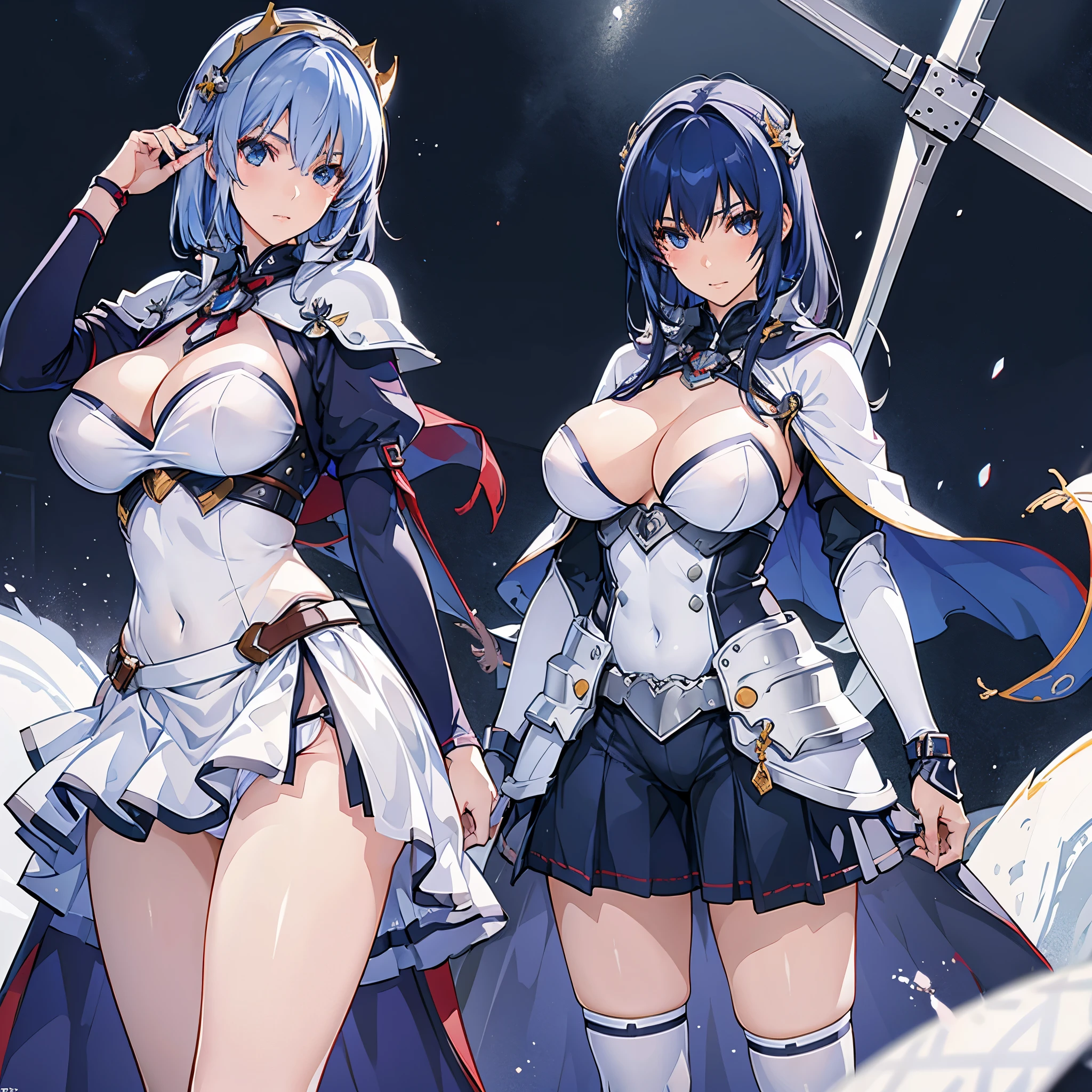 (best quality, In 4K, 8K, High resolution, muste piece:1.2),Super detailed, (Reality, photorealistic, photorealistic:1.37),2girls,30 year old woman,ripe woman,Mature woman,,muste piece, Top quality, Ultra-fine,maximum resolution, Extremely detailed, sexy,(white Imperial Outfit,silver Armor,holy knights,thigh high socks,huge breasts,groin,helm,white leotard,cape,one knee)),thong,Cord,blue hair,Seductive thighs,standing,blade in hand,cowboy shot,in throne room