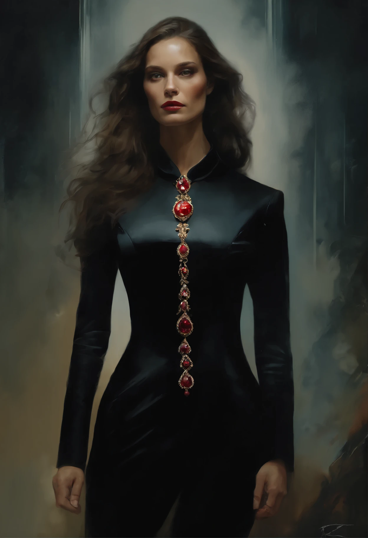 businessman in futuristic black suit, (necklace with ruby:1), (insanely detailed:1.5), ((solo)), (highest quality, Alessandro Casagrande, Greg Rutkowski, Sally Mann, concept art, 4k), (colourful), (high sharpness), ((painting:1.1)), (digital painting:1.1), Masterpiece, best quality, highly detailed photo:1, 8k, detailed face,photorealistic, (black long Hair:1.1), (young woman), By jeremy mann, by sandra chevrier, by maciej kuciara, smoke and shadow, night, sharp, ((perfect body)), realistic, real shadow, 3d, ((full body)), ((dark and gloomy universe)), (by Michelangelo)