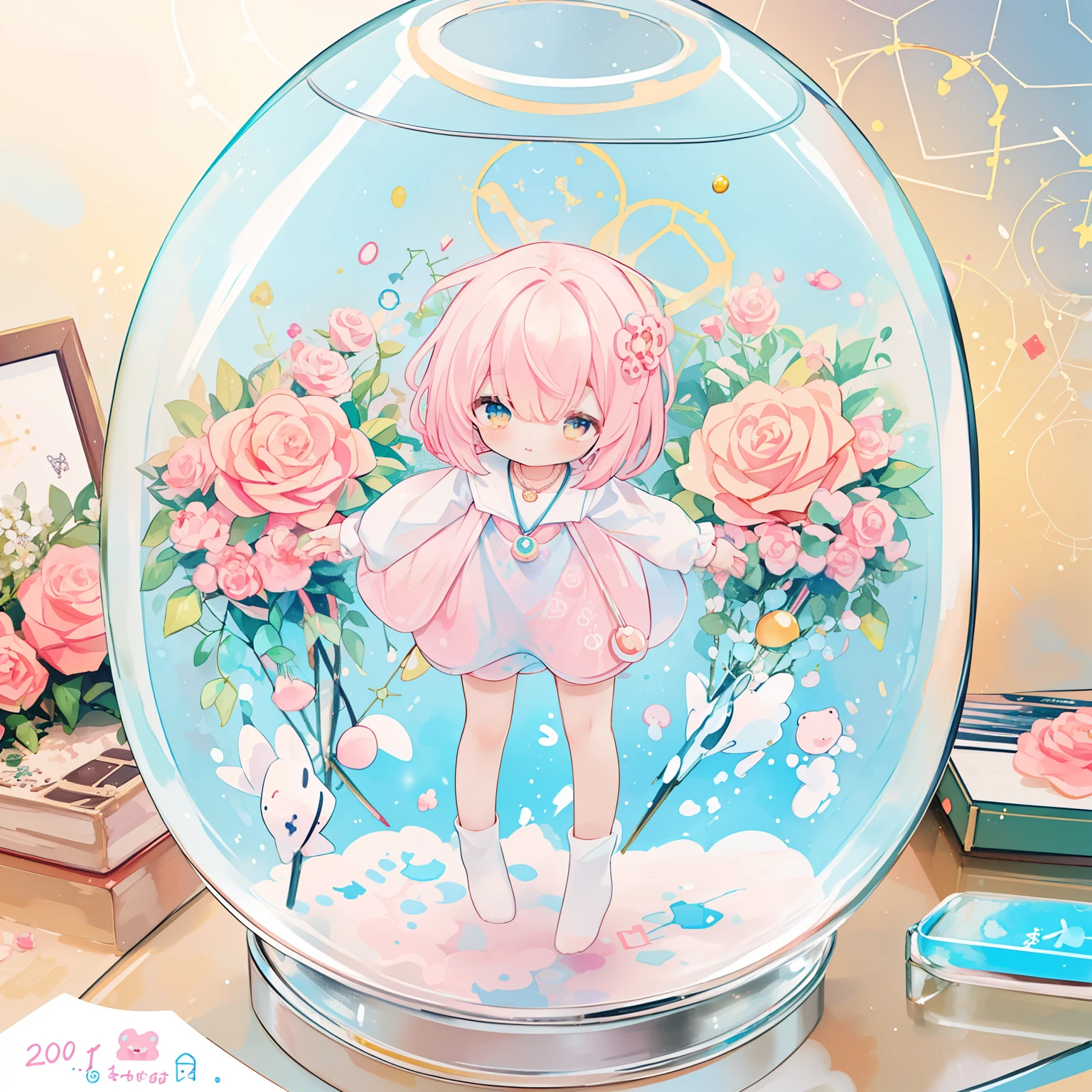 (PastelColors:1.3)、(Cute illustration:1.3)、(watercolor paiting:1.1)、ちび☺、(hyper photograph, circle pendant on the desk):0.9. (pendant painting: (cell anime, A cute cancer:0.8, an intensely shining cancer constellation that shines from itself, rests on my glass case. The background is roses at day light)):0.4