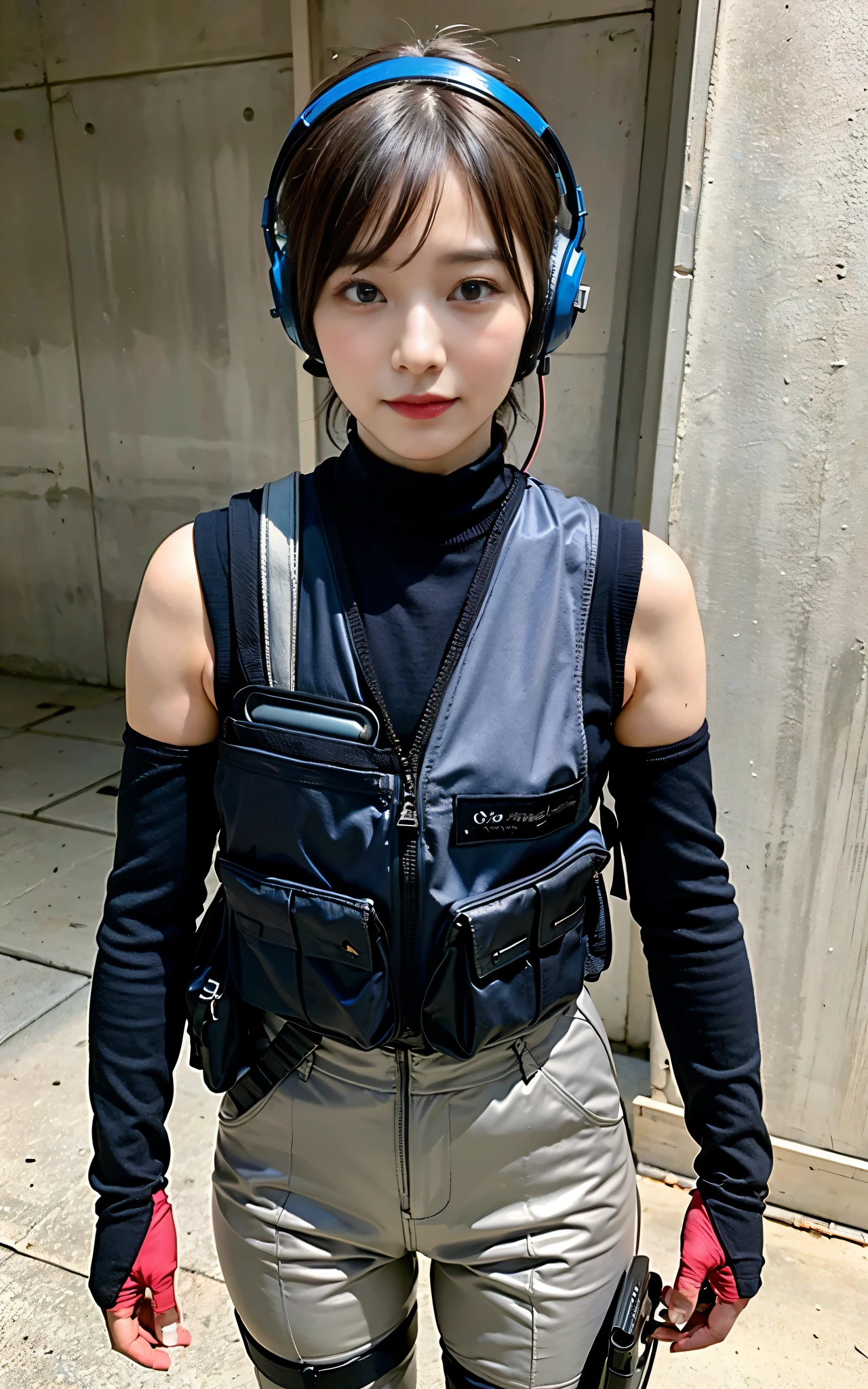 ((highest quality, 8K, masterpiece: 1.3)), ((highest quality)), realistic, photorealism, realistic, High resolution, One girl aiming with an AK-47 assault rifle, battle pose, look at the camera, (detailed face), short hair, plump and muscular:0.7, (Wearing a red rubber suit, Tactical Vest, Military Harness, black gloves, High-tech headset), The color of the fabric is navy blue with black as the base color.), Revealed thighs, gun, Fingers are blocked, Concrete wall background,