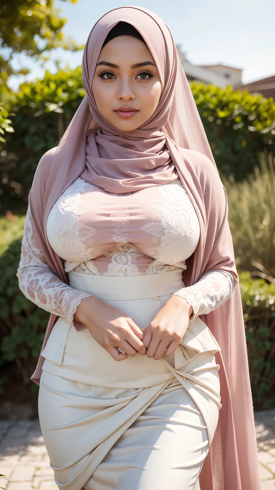 (Close Up),RAW, Best quality, high resolution, masterpiece: 1.3), beautiful Malay woman in hijab,Masterpiece, perfect  fit body, ((Huge breast)), big gorgeous eyes, Soft smile,beautiful face,thick thighs, woman in beige sweater and white long skirt, layered skirt, wearing long eloquent skirt, lacy outfit, white and light pink outfit, wearing elegant outfit, attractive outfit, in pastel shades, modern muslim outfit, image full body, located in a cool village , Excellent lighting, Bright colors, Clean lines