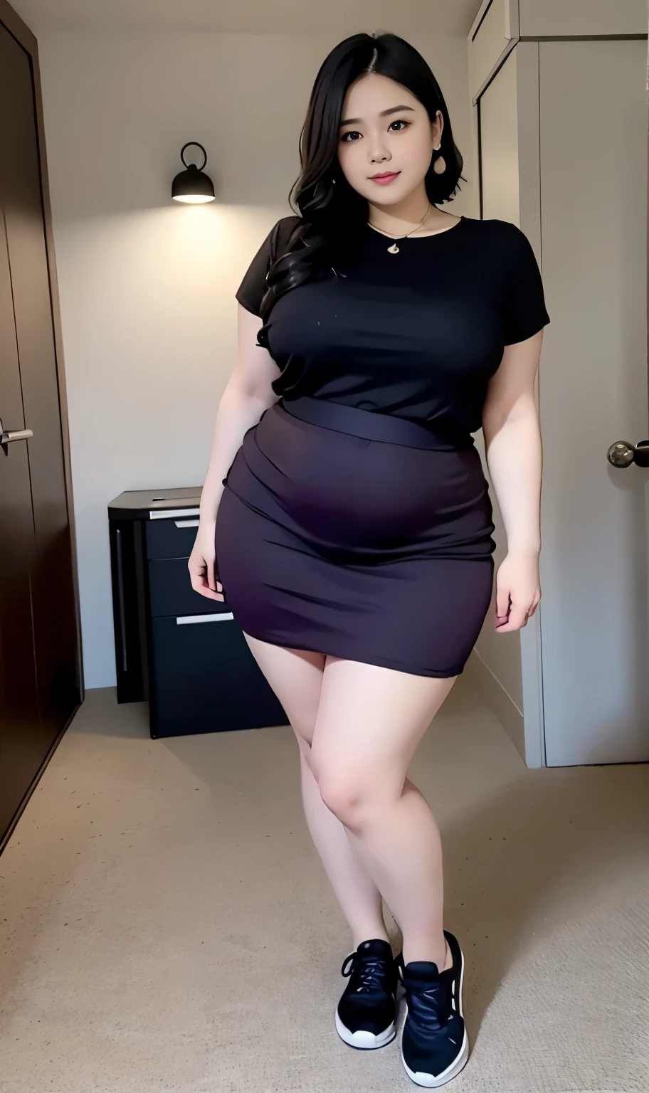 A beautiful beauty, wave black hair, big eyes, round face, dress, tight purple skirt, sneakers , slightly fat, plump and sexy, delicate facial features, on the black room, black room, dark room, HD, high quality, the best picture quality, chubby body, bob haircut, full body view 