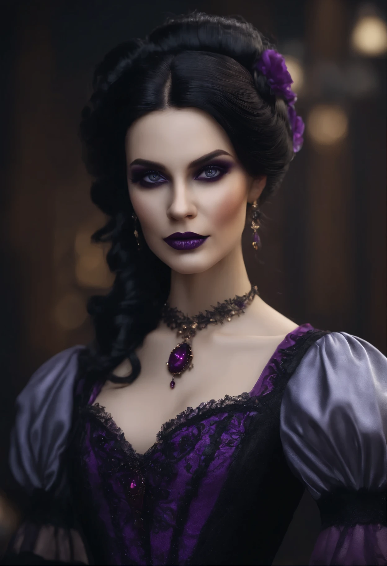(gothic black figure,elegant,long black hair,purple highlighted hair,detailed villain,dark clothing with purple accent,victorian-style clothing) ,(best quality,4k,8k,highres,masterpiece:1.2),ultra-detailed,(realistic,photorealistic,photo-realistic:1.37),HDR,UHD,studio lighting,ultra-fine painting,sharp focus,physically-based rendering,extreme detail description,professional,vivid colors,bokeh,portrait,gothic style,colorful lights