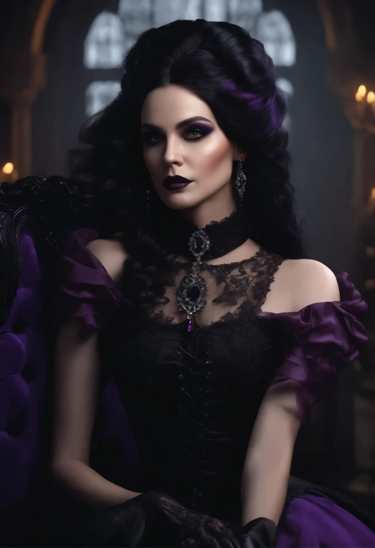 (gothic black figure,elegant,long black hair,purple highlighted hair,detailed villain,dark clothing with purple accent,victorian-style clothing) ,(best quality,4k,8k,highres,masterpiece:1.2),ultra-detailed,(realistic,photorealistic,photo-realistic:1.37),HDR,UHD,studio lighting,ultra-fine painting,sharp focus,physically-based rendering,extreme detail description,professional,vivid colors,bokeh,portrait,gothic style,colorful lights