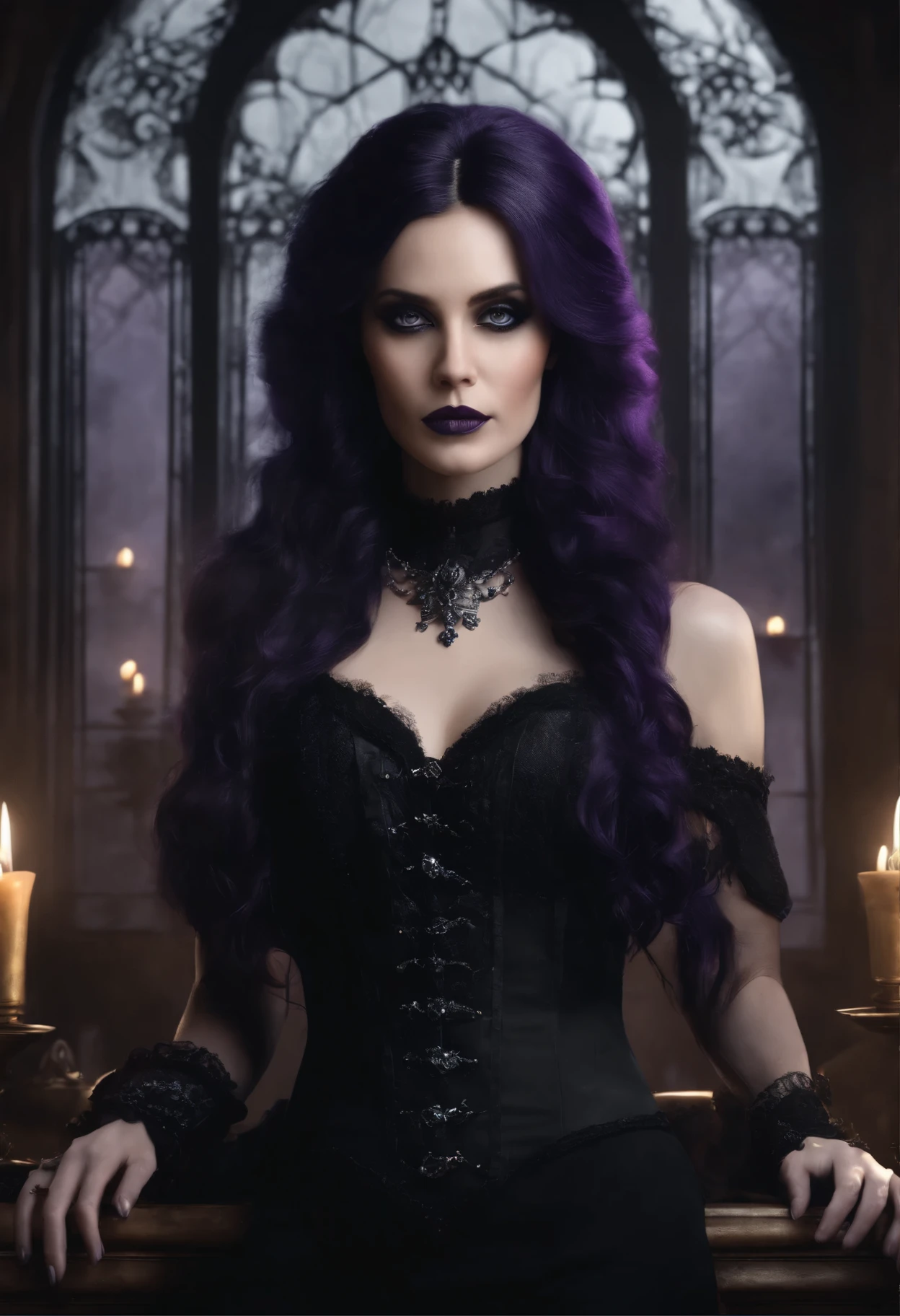 (gothic black figure,elegant,long black hair,purple highlighted hair,detailed villain,dark clothing with purple accent,victorian-style clothing) ,(best quality,4k,8k,highres,masterpiece:1.2),ultra-detailed,(realistic,photorealistic,photo-realistic:1.37),HDR,UHD,studio lighting,ultra-fine painting,sharp focus,physically-based rendering,extreme detail description,professional,vivid colors,bokeh,portrait,gothic style,colorful lights