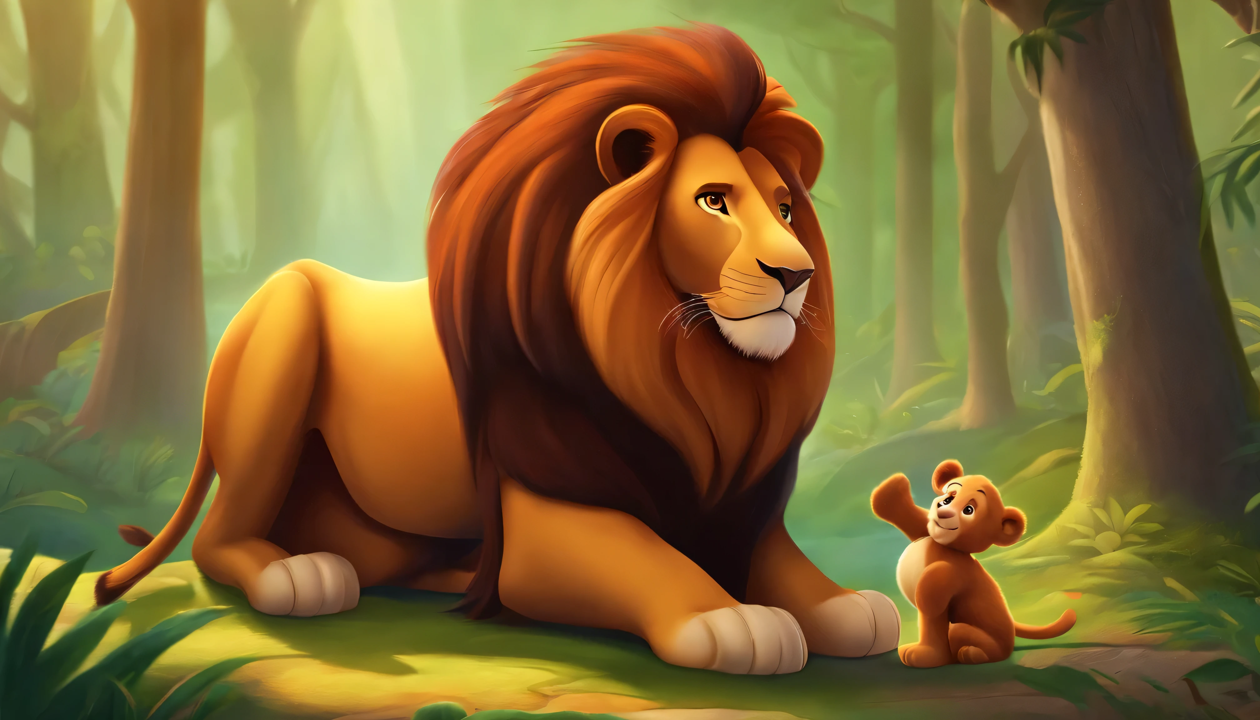 a kind and friendly lion, along with a teddy bear, bird, zebra, touro e outros animais da floresta, Diney pixar, desenho animado