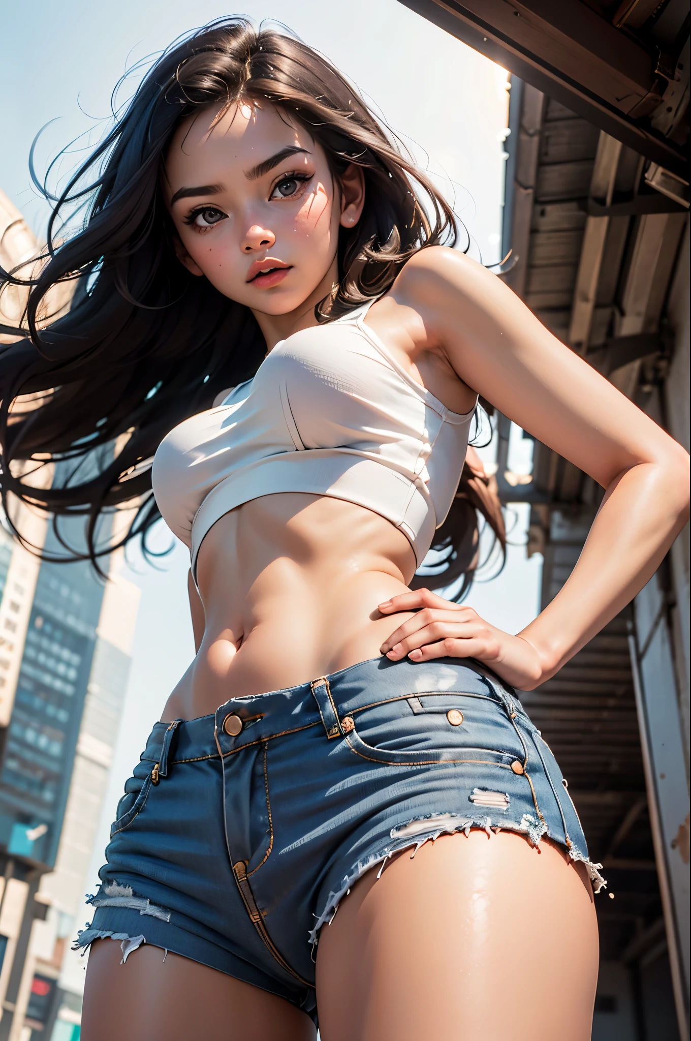 woman, (((from below))), busy city, foreshortening, (seductive pose), looking at viewer, mad, blackcutoffs, (eye contact), african, photorealistic, masterpiece, realistic, high contrast, hyper detailed, best quality, ultra high res, photorealistic, high resolution, detailed, raw photo,