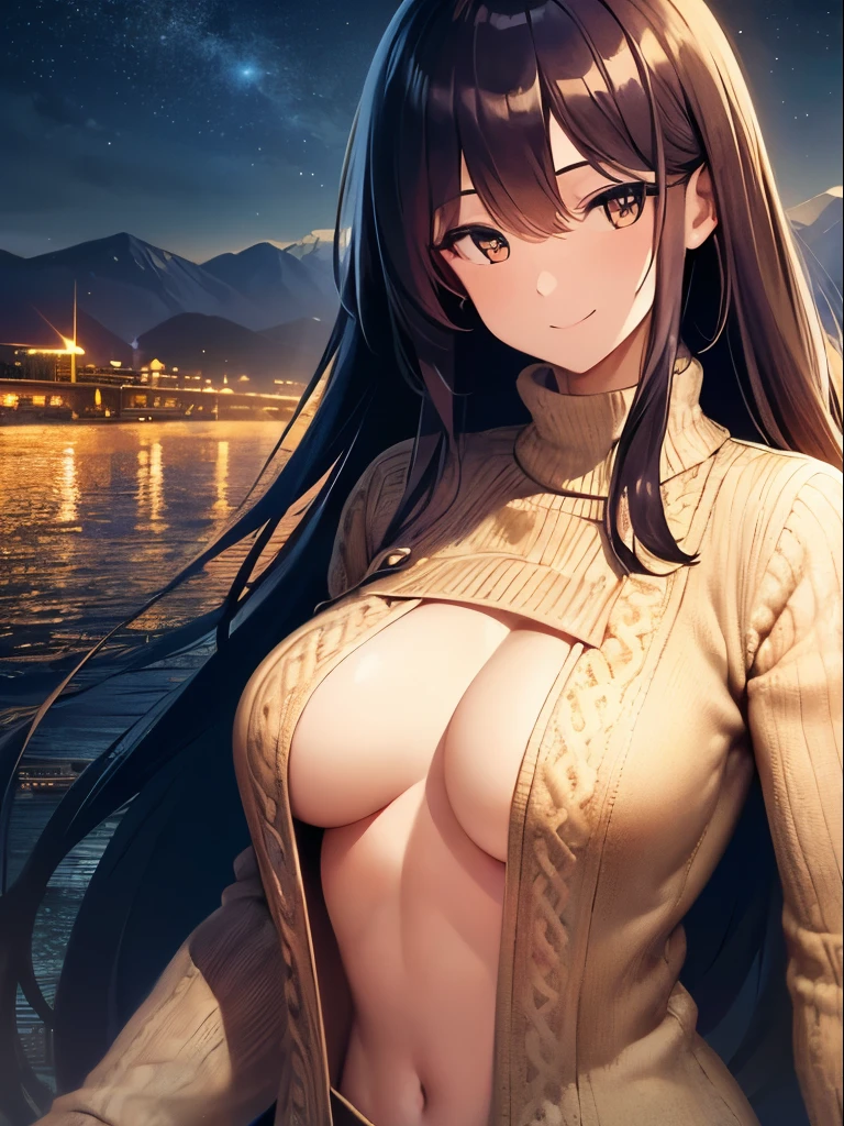 Best Quality, masterpiece, hight resolution,, 1girl in, Detailed face, (Upper body:1.6), Cyber Cities, mountains and rivers, Night, firefly lights, Realistic, Rich in detail, (Beige summer sweater:1.2), (Beautiful body:1.4),(large chest:1.5),beautiful kindly smile,look back,star wind,