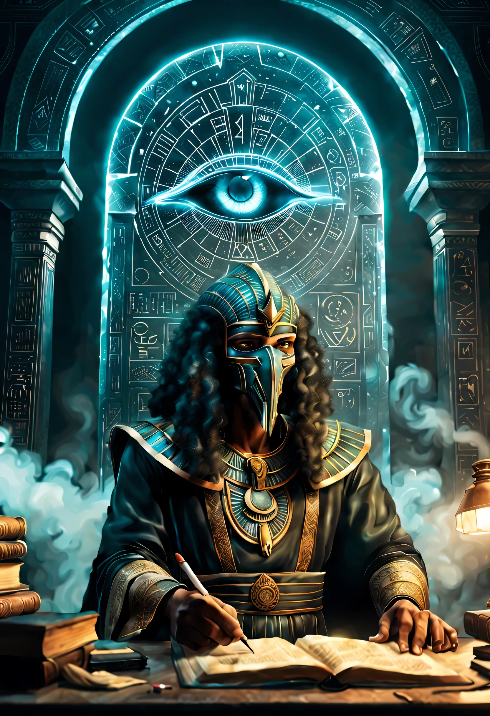 the word soro intergrated ,A hybrid concept art of a dystopian city with a massive dragon’s eye in the sky, warping time and space, with a sense of terror, wonder, and magic. The art is inspired by the world’s most famous surrealist photographer and has a mind-blowing creativity and a masterful technique. The art is praised on Artstation and is a raw photograph using the Ice Realistic technique. Big letters spelling the word Soro. Anime style, a dude playing a mmorpg on pc desk with screen showing the game running in 32k, highly detailed, he smoking a huge weed joint, the room is full of smoke, demons in the background hunting the gamer with creepy looking eyes, curly hair north west african, the word Soro.B is on screen, a foggy mask obscured his face. Zodiac signs and the flower of life are also present. Hide the name Elysium in the drawing. The image should be an extremely high quality RAW photograph, with a detailed background, intricate, exquisite details and textures, highly detailed, ultra detailed photograph, warm lighting, sharp focus, high resolution, beautiful, 8k, perfect, award winning, cinematic, wallpaper, vibrant, cinematic, Egyptian sarcophagus lid, seal of solomon, book of the dead, Codex Gigas