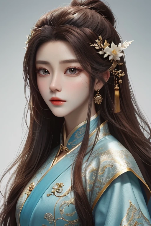 Close-up of a woman with brown hair and a brown mask.，beautiful character drawings，Chinese immortal，Yang Guifei,Fan Bingbing, Angel style，Gouwiz，Gouwiz-style artwork，silver haired god，Yang J.，Great and beautiful character art，Amazing character art，Fan Qi，Wu Junshifan，Guvitz at Pixiv Art Station