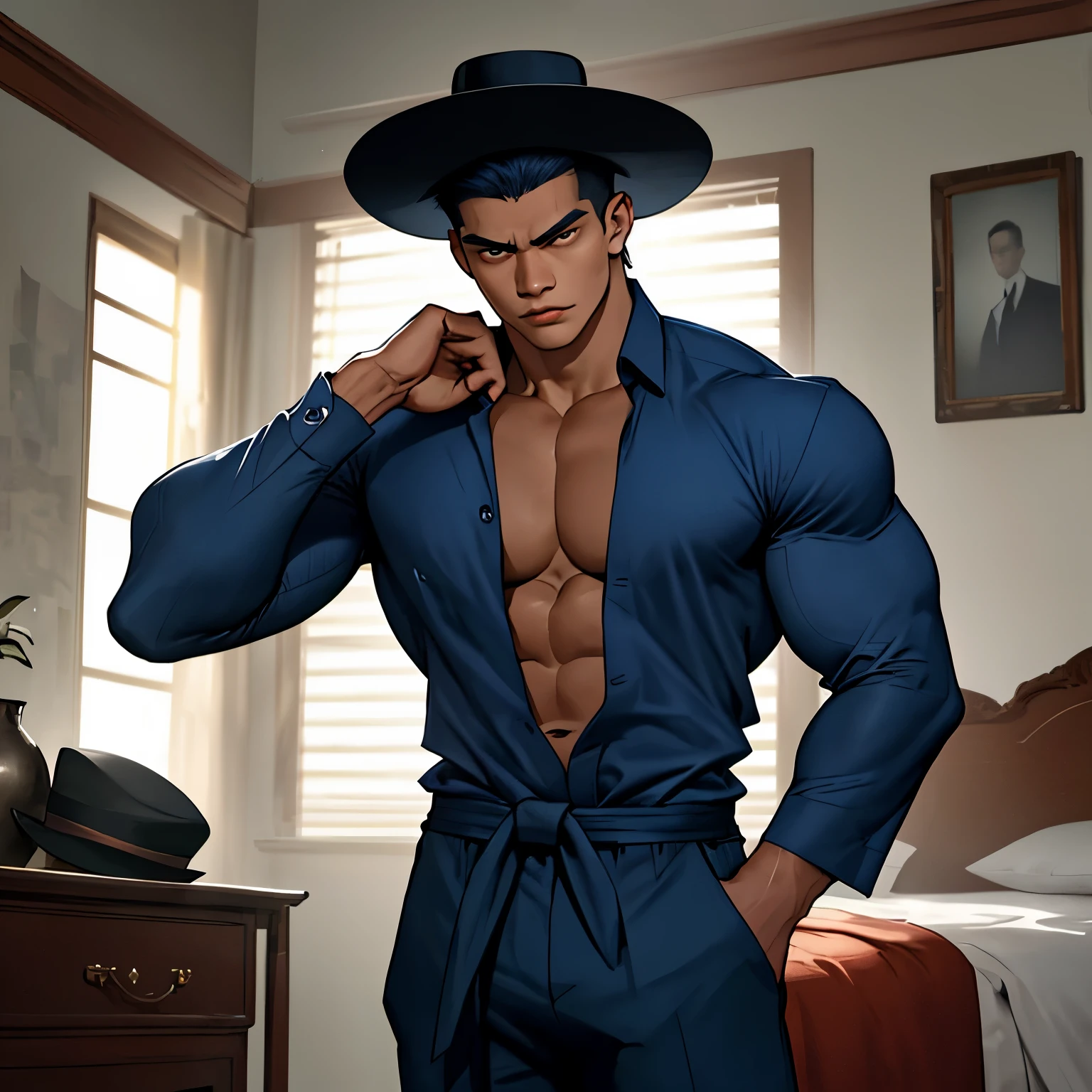 Amidst the dimly lit room, a man with distinct Indonesian features lies on a bed, his oval-shaped face framed by the rim of a black hat. At the age of 25, his physique is a testament to masculine strength, yet he remains unclothed. Below the waist, a pair of blue pants, crinkled from exposure, is all that covers his modesty. The scene, 18+ and realistic, invites the gaze of an observer. His body, tense and alert, remains still, an enigmatic figure shrouded in an aura of mystery.
