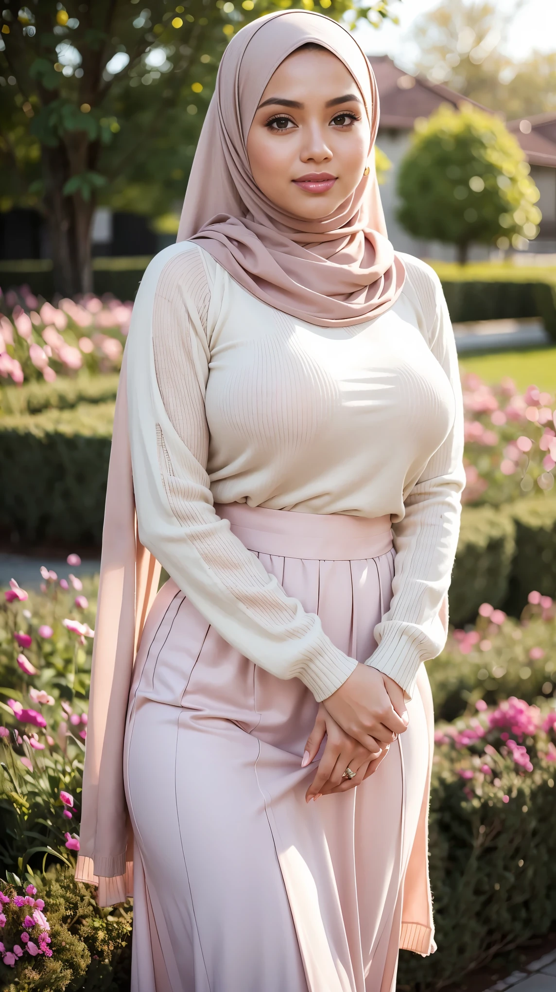(Close Up),RAW, Best quality, high resolution, masterpiece: 1.3), beautiful Malay woman in hijab,Masterpiece, perfect fit body, ((Huge breast)), big gorgeous eyes, Soft smile,beautiful face,thick thighs, woman in beige sweater and white long skirt, layered skirt, wearing long eloquent skirt, lacy outfit, white and light pink outfit, wearing elegant outfit, attractive outfit, in pastel shades, modern muslim outfit, image full body, located in flower garden, Excellent lighting, Bright colors, Clean lines