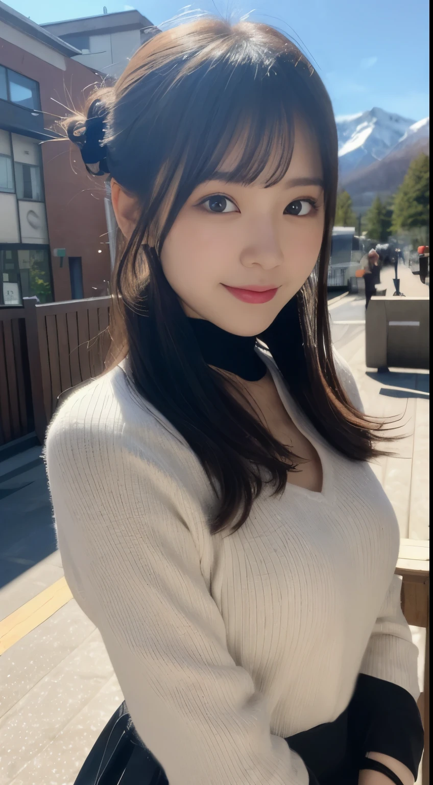 table top, highest quality, figure, super detailed, finely, High resolution, 8k wallpaper, 完璧なダイナミックな構figure, beautiful and fine eyes, ladies fashion summer,medium hair,small breasts natural color lip, bold sexy pose,smile,Harajuku、20 year old girl、cute、sexy shot looking at camera、snow board、snowboarder、Ski resort