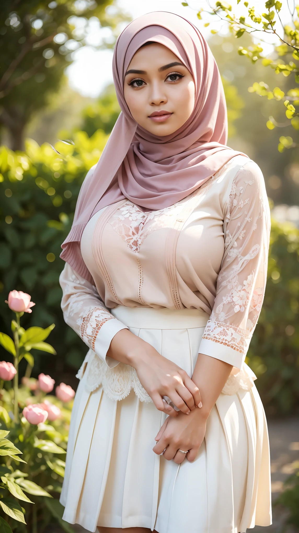 (Close Up),RAW, Best quality, high resolution, masterpiece: 1.3), beautiful Malay woman in hijab,Masterpiece, perfect  fit body, ((Huge breast)), big gorgeous eyes, Soft smile,beautiful face,thick thighs, woman in beige sweater and white long skirt, layered skirt, wearing long eloquent skirt, lacy outfit, white and light pink outfit, wearing elegant outfit, attractive outfit, in pastel shades, modern muslim outfit, image full body, located in flower garden, Excellent lighting, Bright colors, Clean lines