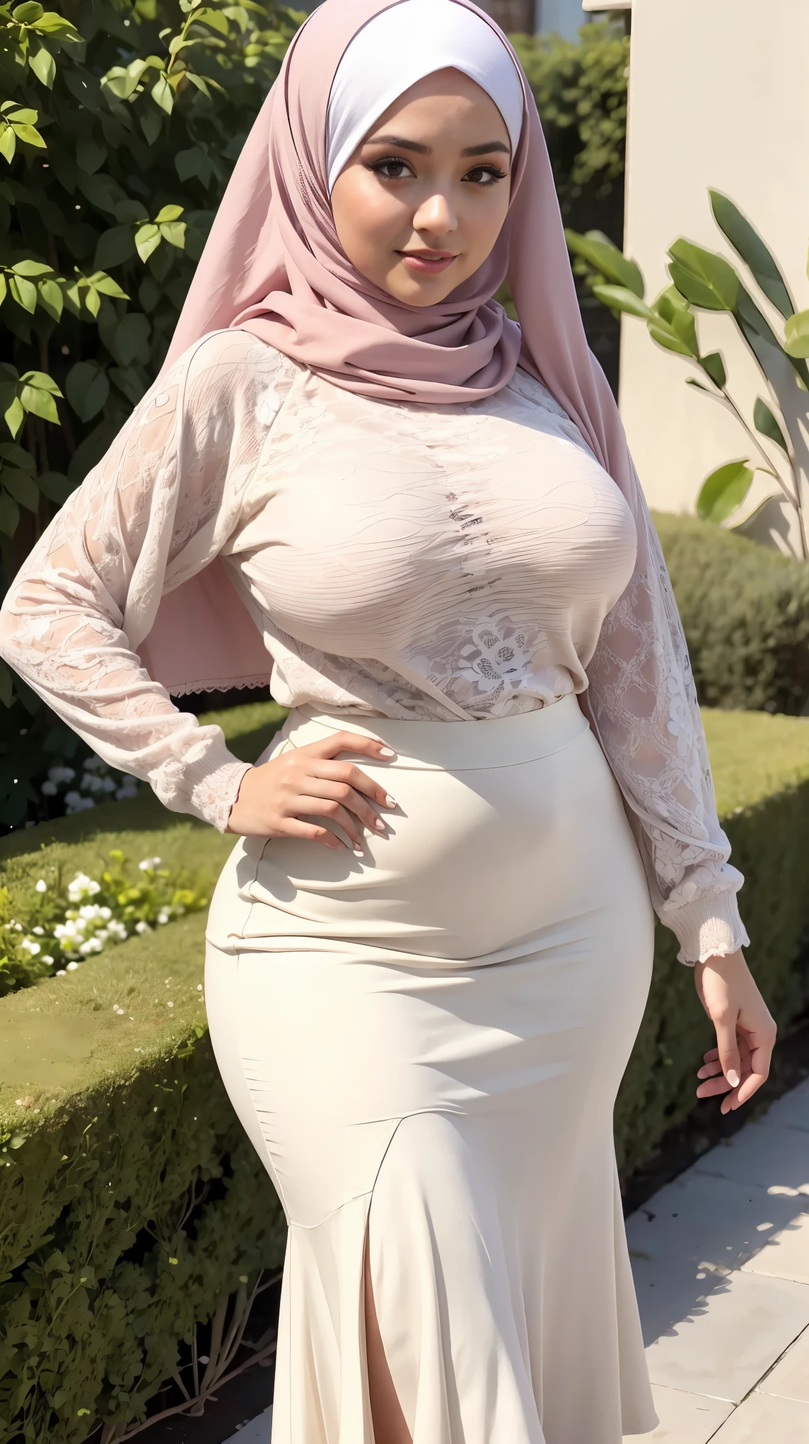 (Close Up),RAW, Best quality, high resolution, masterpiece: 1.3), beautiful Malay woman in hijab,Masterpiece, perfect  fit body, ((Huge breast)), big gorgeous eyes, Soft smile,beautiful face,thick thighs, woman in beige sweater and white long skirt, layered skirt, wearing long eloquent skirt, lacy outfit, white and light pink outfit, wearing elegant outfit, attractive outfit, in pastel shades, modern muslim outfit, image full body, located in flower garden, Excellent lighting, Bright colors, Clean lines