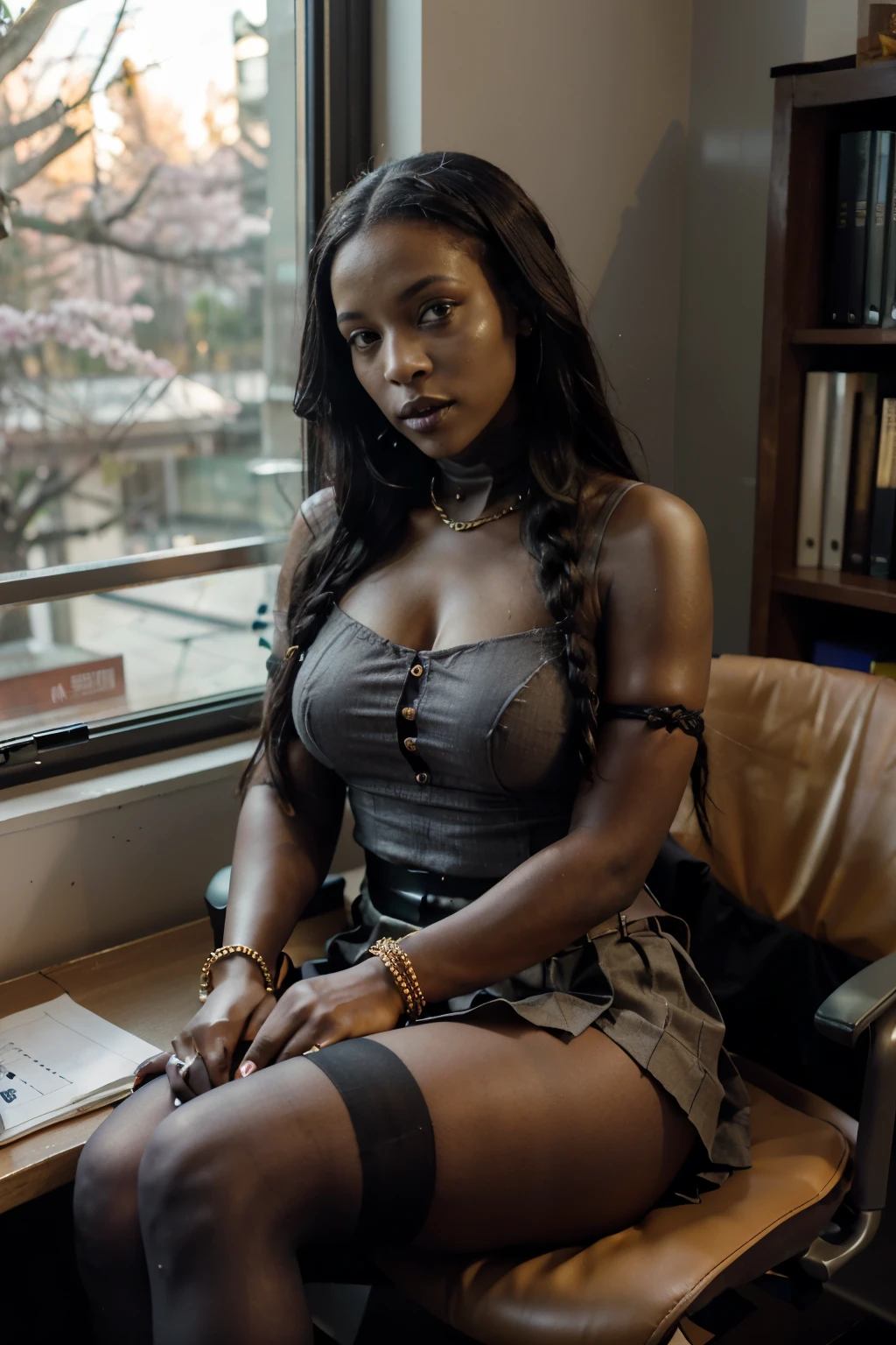 ((Benevolent ((dark-skinned Haitian)) ((goth)) high-end lawyer)) with (long braided (grey) hair) sitting on an expensive office chair while typing on copper typewriter at her desk, visible geometric tattoos, (wearing professional business suit with long pleated skirt and golden bracelets and thigh high stockings), plump thighs, high quality photo, (sitting next to window at desk of lawyer's office during golden hour with views of (Sakura tree forest) background),