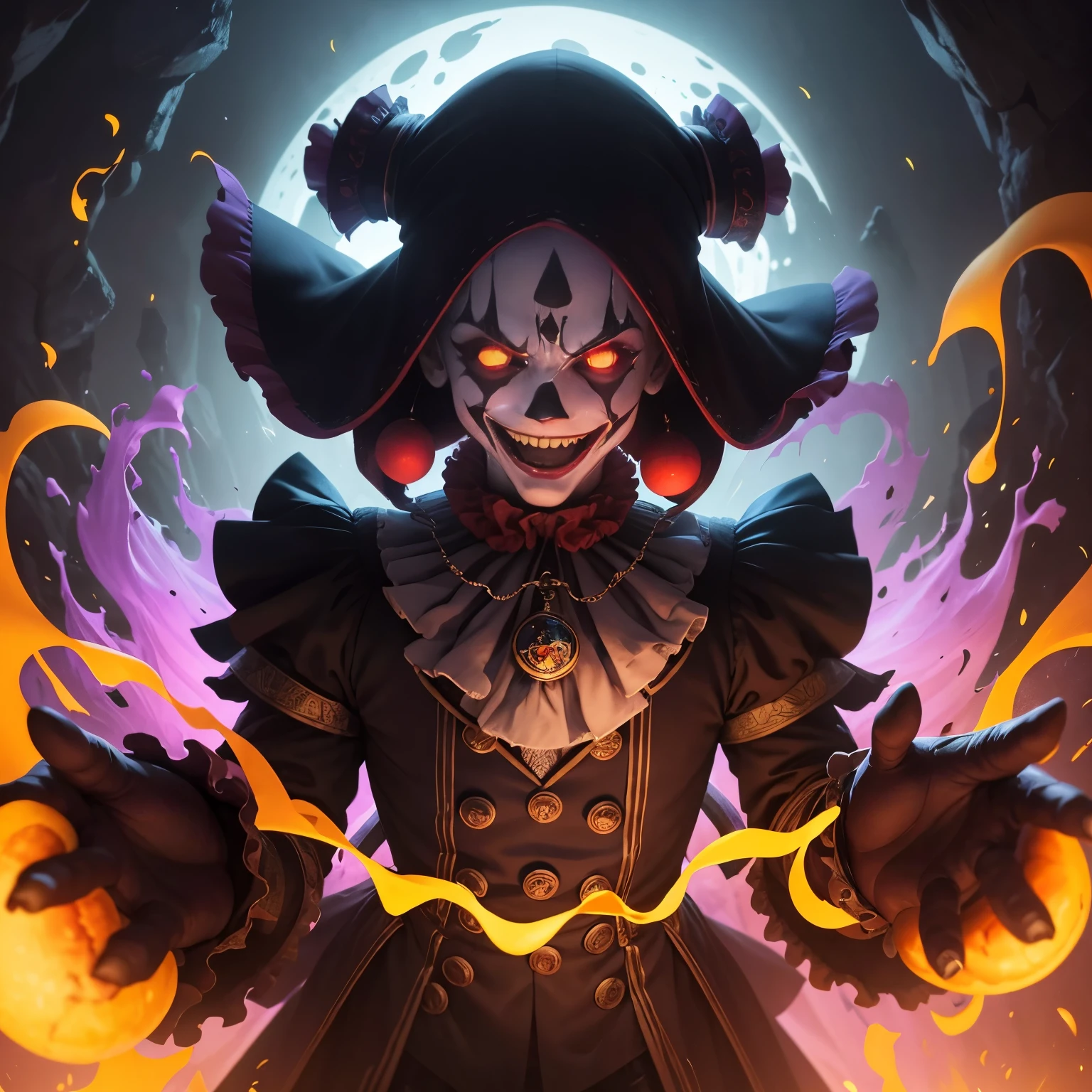 Homem fantasma, Clown, Bobo da corte, Harlequin, coringa, vibrant outfit, segurando, empenhando, martelo, marreta, taco de pregos, arma gigante de madeira colorido, powerful ghost weapon. Playful touch, ruined dungeon environment, antiga de um castelo, atmosfera sombria, elementos macabros, contraste surpreendente. Cena intrigante, joy and mystery wrapped in darkness. Detalhes vivos, cores vibrantes, sinister expression, olhos penetrantes, sorriso macabro, dark mystery. High quality illustration, 8K ultra HD, exceptional visual immersion.