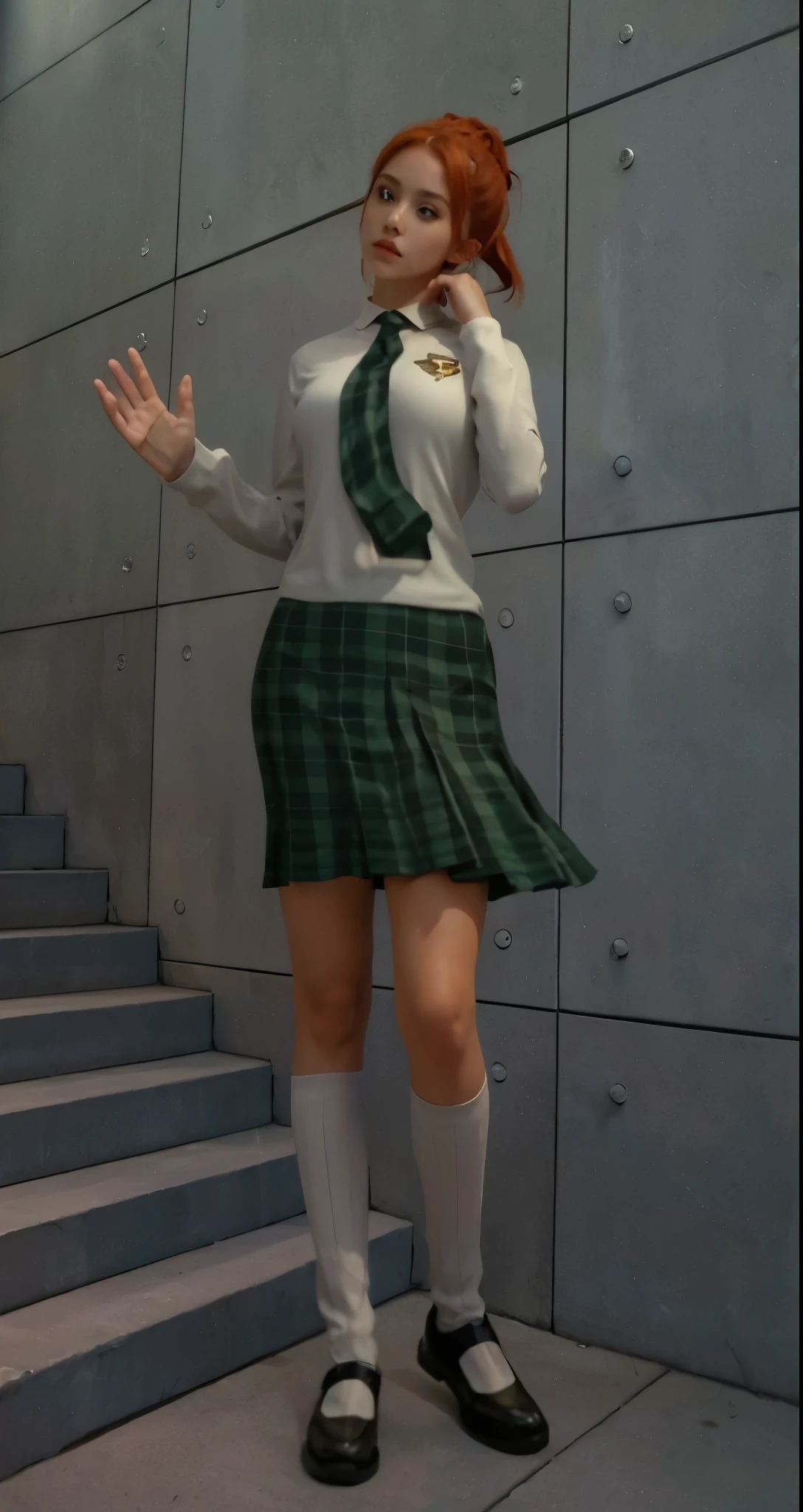 Real life adaption of this character, beauty American teen girl face, realistic same orange ponytail hair, eyes looking to camera,(detail beautiful eyes),realistic same outfit , realistic same uniform,with same pattern, realistic same skirt, realistic same shoes,same pose, normal hand,realistic background, realistic light, realistic shadow, realism, hyper realistic,(photorealistic 1:2),high definition,detail,4k