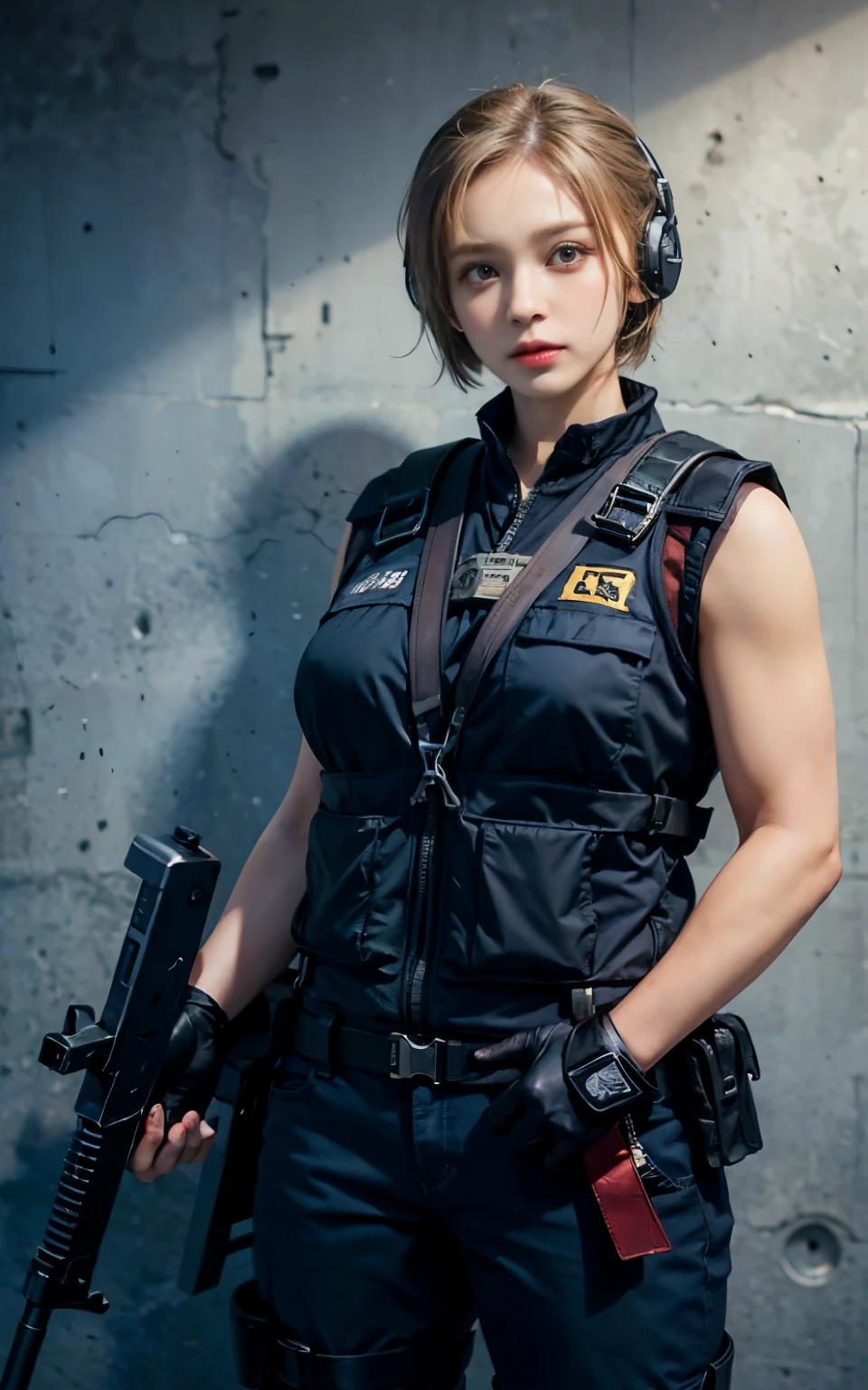 ((Best Quality, 8K, Masterpiece: 1.3)), ((best quality)), photorealistic, photorealism, Photorealistic, high resolution, 1girl aiming with an ak-47 assault rifle, Combat pose, looking at the viewer, (Detailed face), short hair, (wearing red rubber suit, tactical vests, military harness, black gloves, high-tech headset), cloths color based on black dark blue), muscular and plump, revealed plump thigh, Gun, Fingers are occluded, concrete wall background,