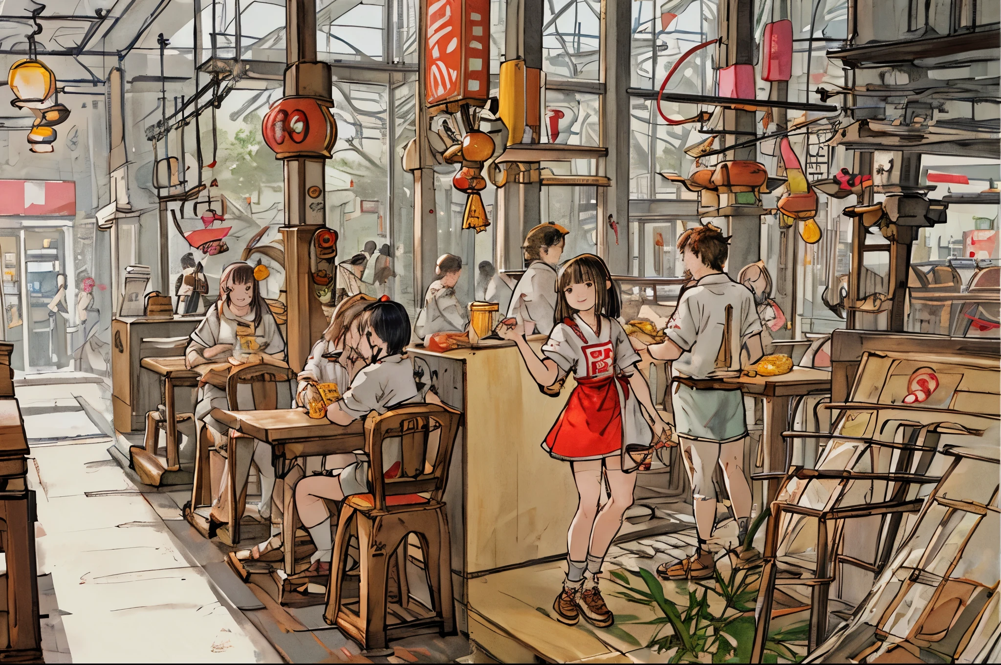 「Stylish interior、A depiction of a age girl who enjoys eating ramen at a popular ramen restaurant.。She in a colorful interior and bright lighting、Smiling and sipping ramen。Mr.. table々Ramen bowl with toppings available.、Holding a spoon in your hand、I'm happily scooping up noodles.。The lively atmosphere of the store spreads.、Have a delicious meal or、You can feel like you're having a good time with your friends。」