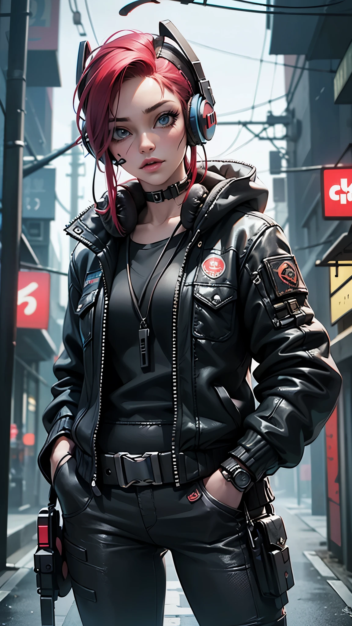 (La mejor calidad,A high resolution,Ultra - detallado,actual),Ariana Grande  night city, rain, red leather jacket, hands in pockets, black clothes, black pants, gothic accessories, spiked choker, red hair, blue eyes,(tiro vaquero ),( ciberpunk 2.1 ),(Bluetooth headphones on the head:1.4) ,,More detailed 8K.motor irreal:1.4,UHD,La mejor calidad:1.4, fotorrealista:1.4, textura de la piel:1.4, obra maestra:1.8,obra-prima, mejor calidad,objeto Objeto], (detailed face features:1.3),(Las proporciones correctas),convexo，(Dedos detallados)，(fishnet:1.4),(Ojos hermosos azules), (realistic 2.1 ), (ciudad Tokio cyberpunkAI :2.1) ,(Perfect anatomy) 