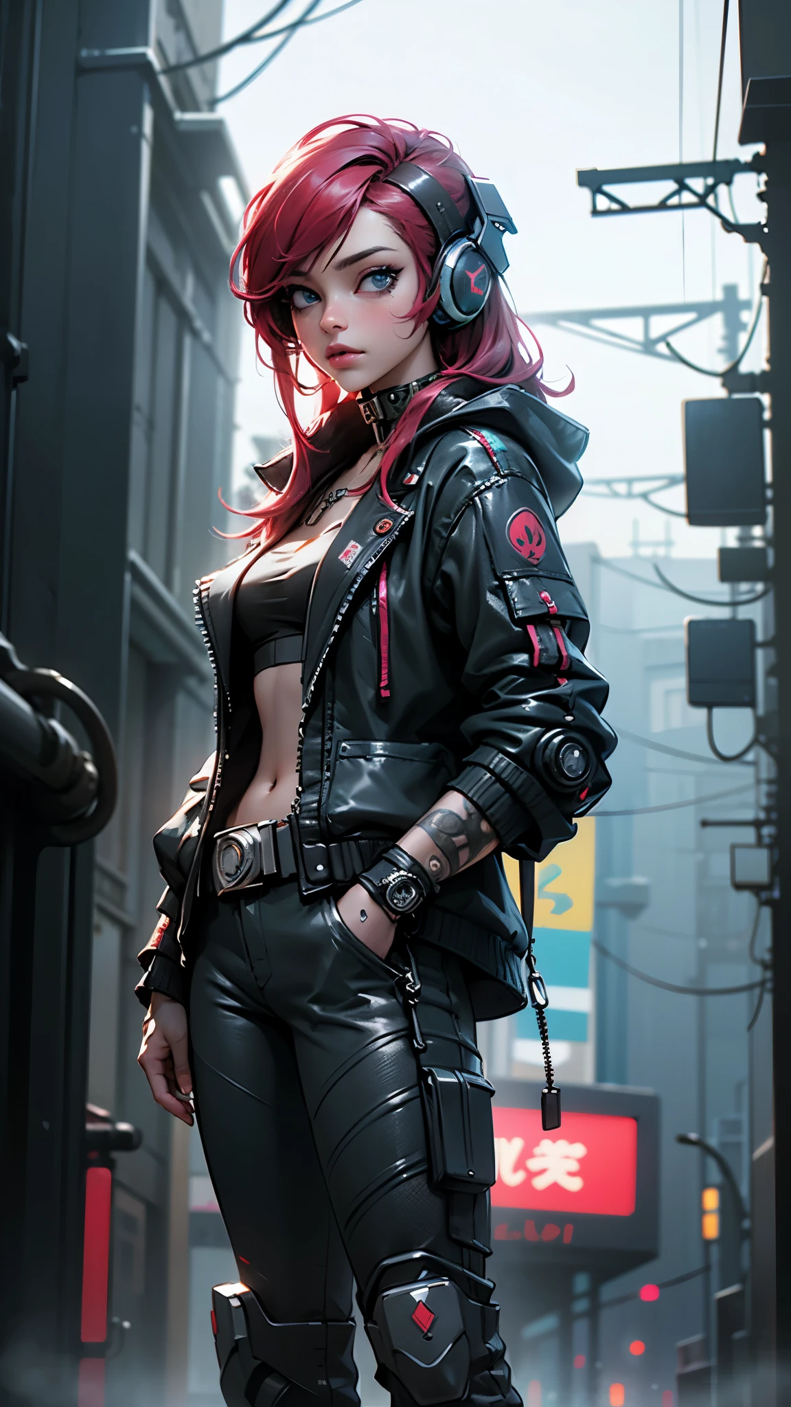 (La mejor calidad,A high resolution,Ultra - detallado,actual),Ariana Grande  night city, rain, red leather jacket, hands in pockets, black clothes, black pants, gothic accessories, spiked choker, red hair, blue eyes,(tiro vaquero ),( ciberpunk 2.1 ),(Bluetooth headphones on the head:1.4) ,,More detailed 8K.motor irreal:1.4,UHD,La mejor calidad:1.4, fotorrealista:1.4, textura de la piel:1.4, obra maestra:1.8,obra-prima, mejor calidad,objeto Objeto], (detailed face features:1.3),(Las proporciones correctas),convexo，(Dedos detallados)，(fishnet:1.4),(Ojos hermosos azules), (realistic 2.1 ), (ciudad Tokio cyberpunkAI :2.1) ,(Perfect anatomy) ,4D,8k 