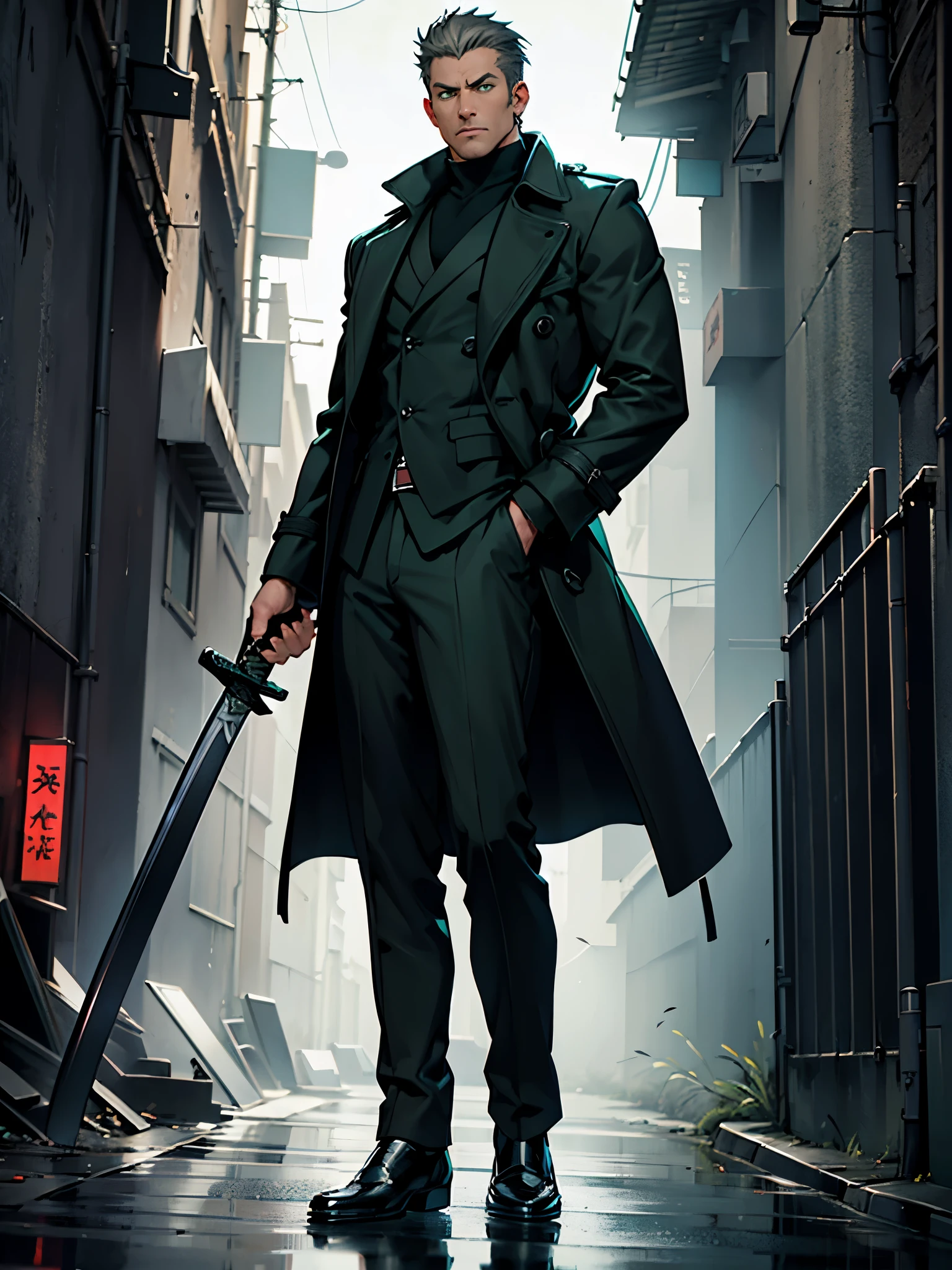 arafed man in a black coat holding a gun and pointing it, he's a hitman in peacoat, he is wearing a black trenchcoat, cinematic full body shot, photo from a promo shoot, character photography, full body and head shot, full body shoot, full-body-shot, promo shoot, fullbody shot, dock, paris, night backdrop, film noire atmosphere, reddish grey hair, green eyes, holstered katana sword on left side, solo focus