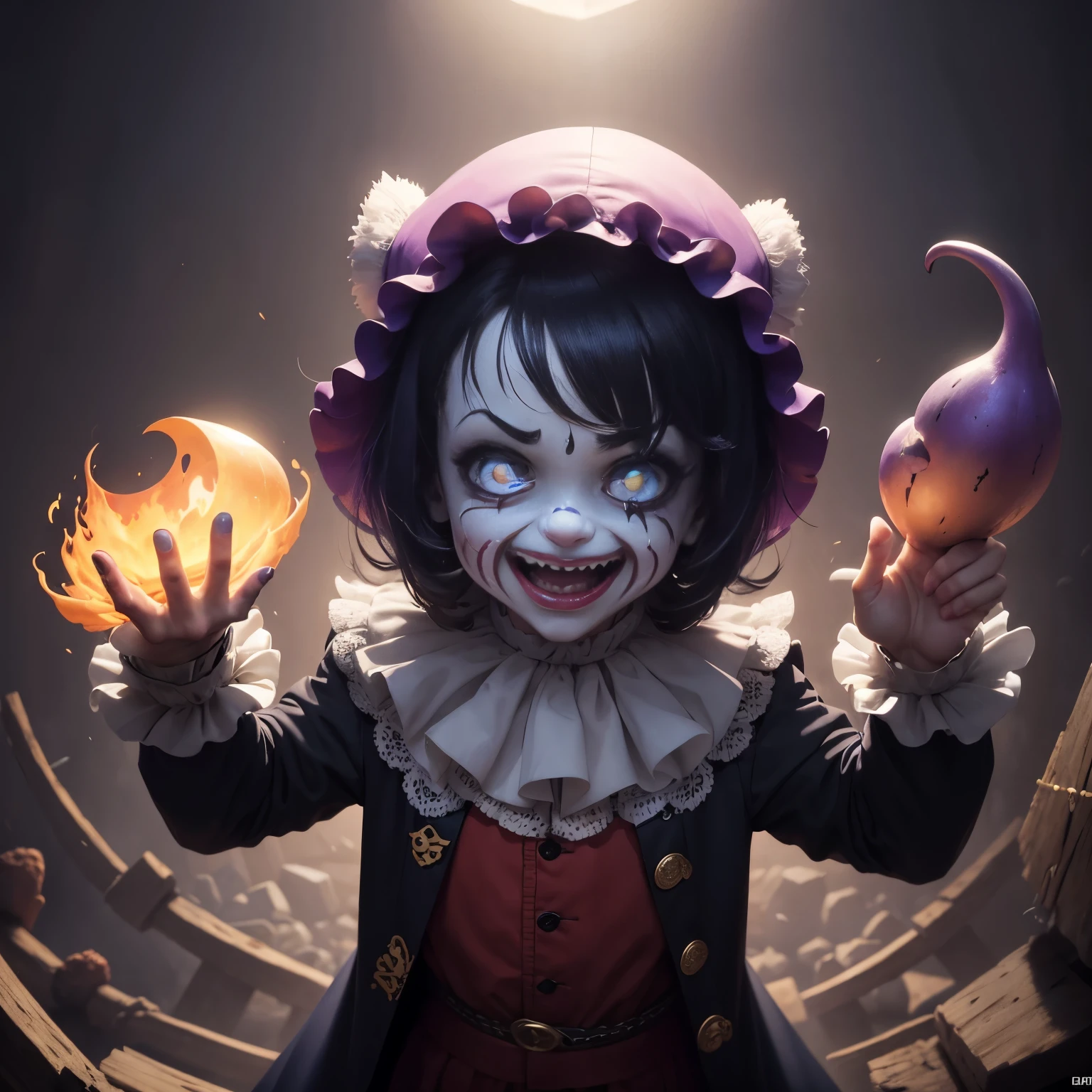 Homem fantasma, Clown, Bobo da corte, Harlequin, coringa, vibrant outfit, segurando, empenhando, martelo, marreta, cartas de baralho, taco de pregos, arma gigante de madeira colorido, powerful ghost weapon. Playful touch, ruined dungeon environment, antiga de um castelo real, atmosfera sombria, elementos macabros, contraste surpreendente. Cena intrigante, joy and mystery wrapped in darkness. Detalhes vivos, cores vibrantes, sinister expression, olhos penetrantes, sorriso macabro, dark mystery. High quality illustration, 8K ultra HD, exceptional visual immersion.