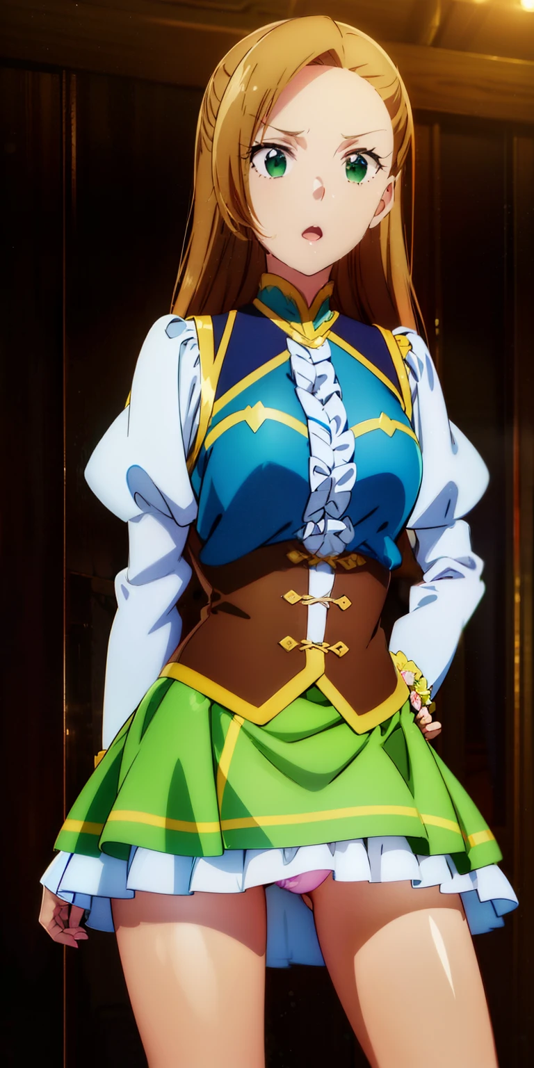 (((highest quality))), ((super detailed)),katalina、Light blue blouse、super mini skirt、waist skirt、 ((illustrinion)), ((messy hair)), ((frills)), super mini skirt、beautiful woman、leather、luster、sleeve less、Thin dress、立膝in座ってます、beautiful breasts、Sleeveless dress、しゃがんinる、spread legs、show whitepanties,Beautiful camel toe、(1 girl),(一人in),brown hair,cowboy_shot,crossed_arm,looking for_in_viewer,Open_mouth,simple_background,Are standing,rining:Safety,agriculture_clothing,green_Clothes,green_eye,((highest quality))), ((super detailed)), ((illustrinion)), ((messy hair)), ((frills)), (1 girl),(一人in),,cowboy_shot,crossed_arm,looking for_in_viewer,Open_mouth,simple_background,Are standing,rining:Safety,agriculture_clothing,green_Clothes,green_eye,